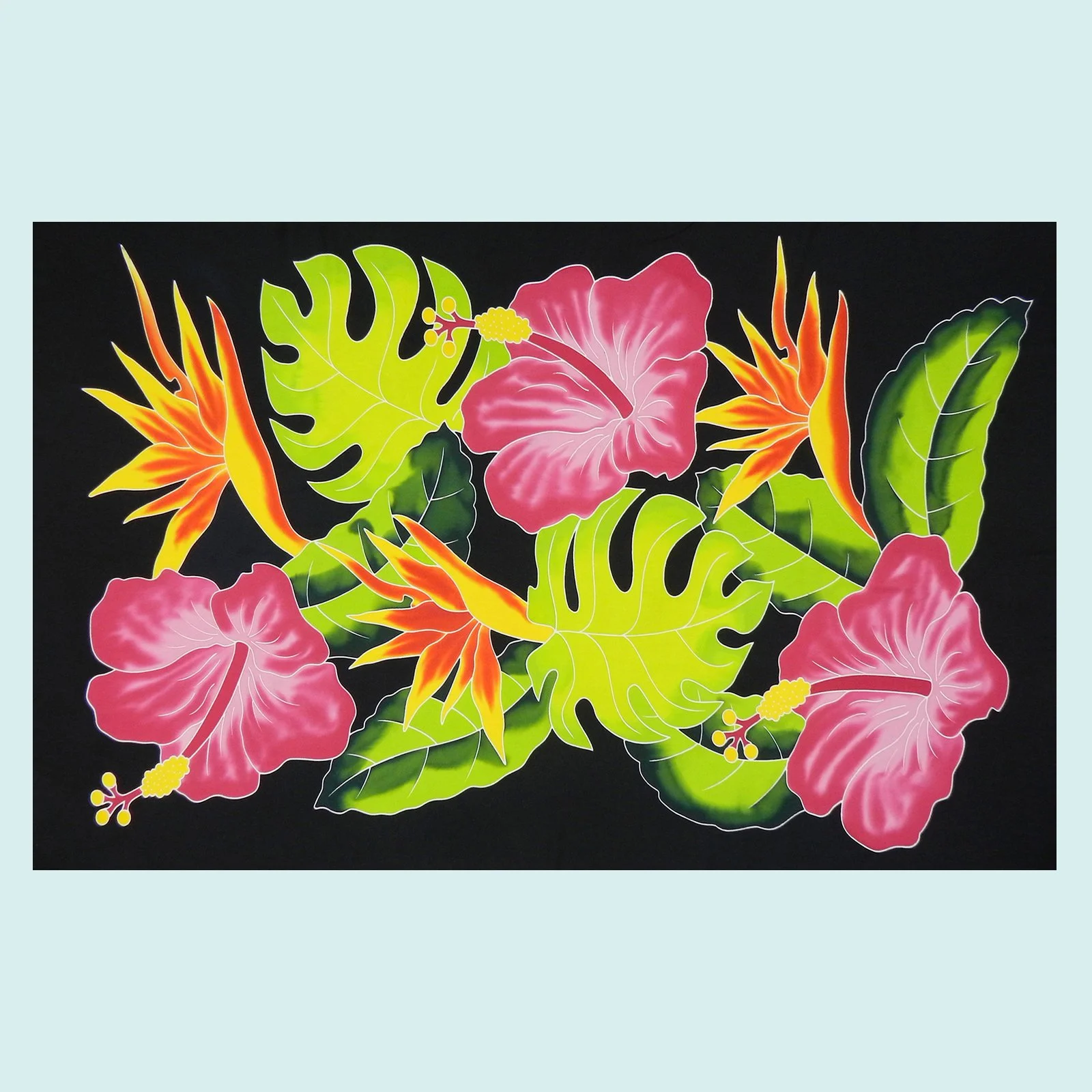 Paréo noir hibiscus et oiseaux du paradis || PAV068