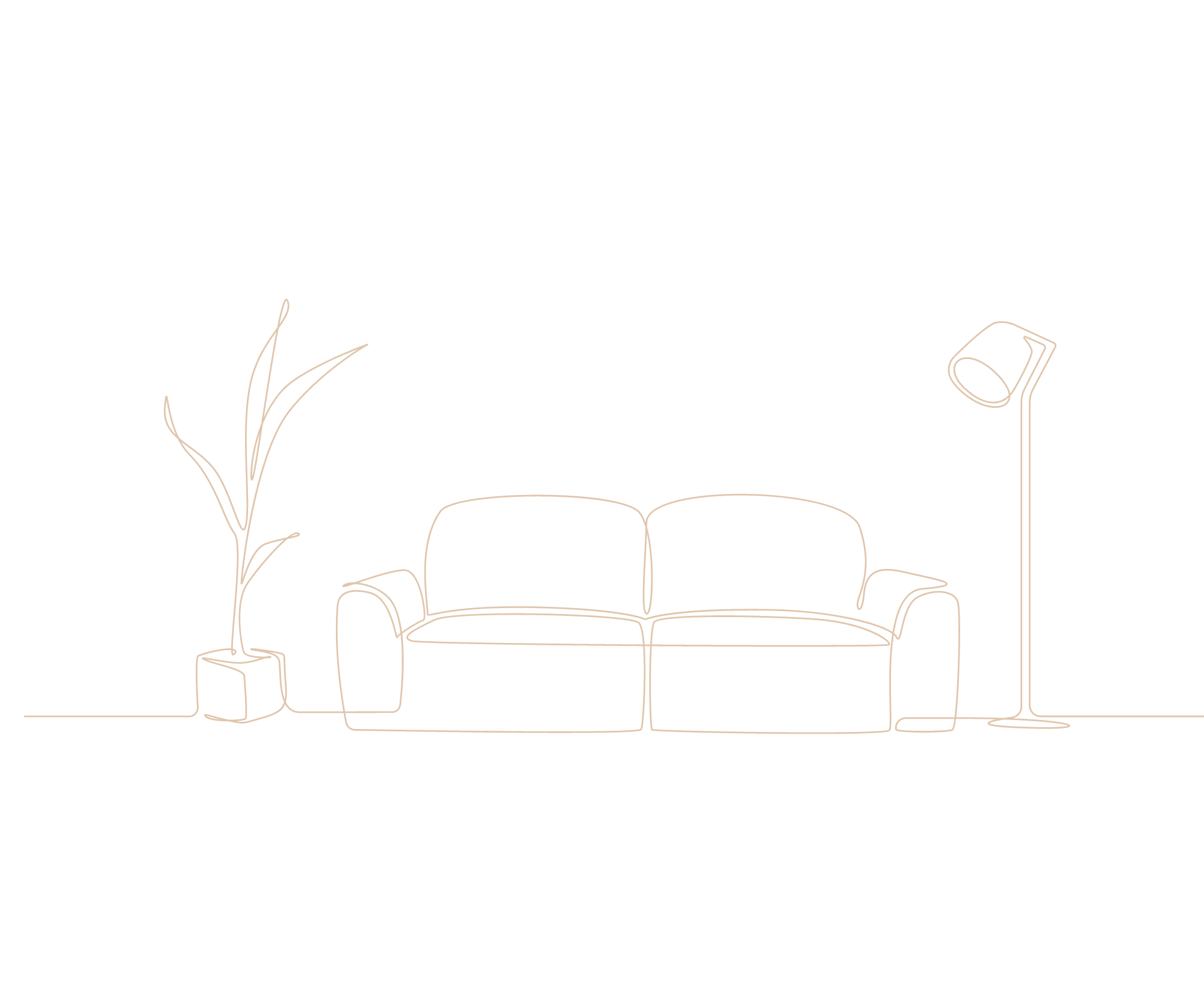 Minimalist line drawing of a living room scene with a sofa, a floor lamp, and a potted plant on a black background.