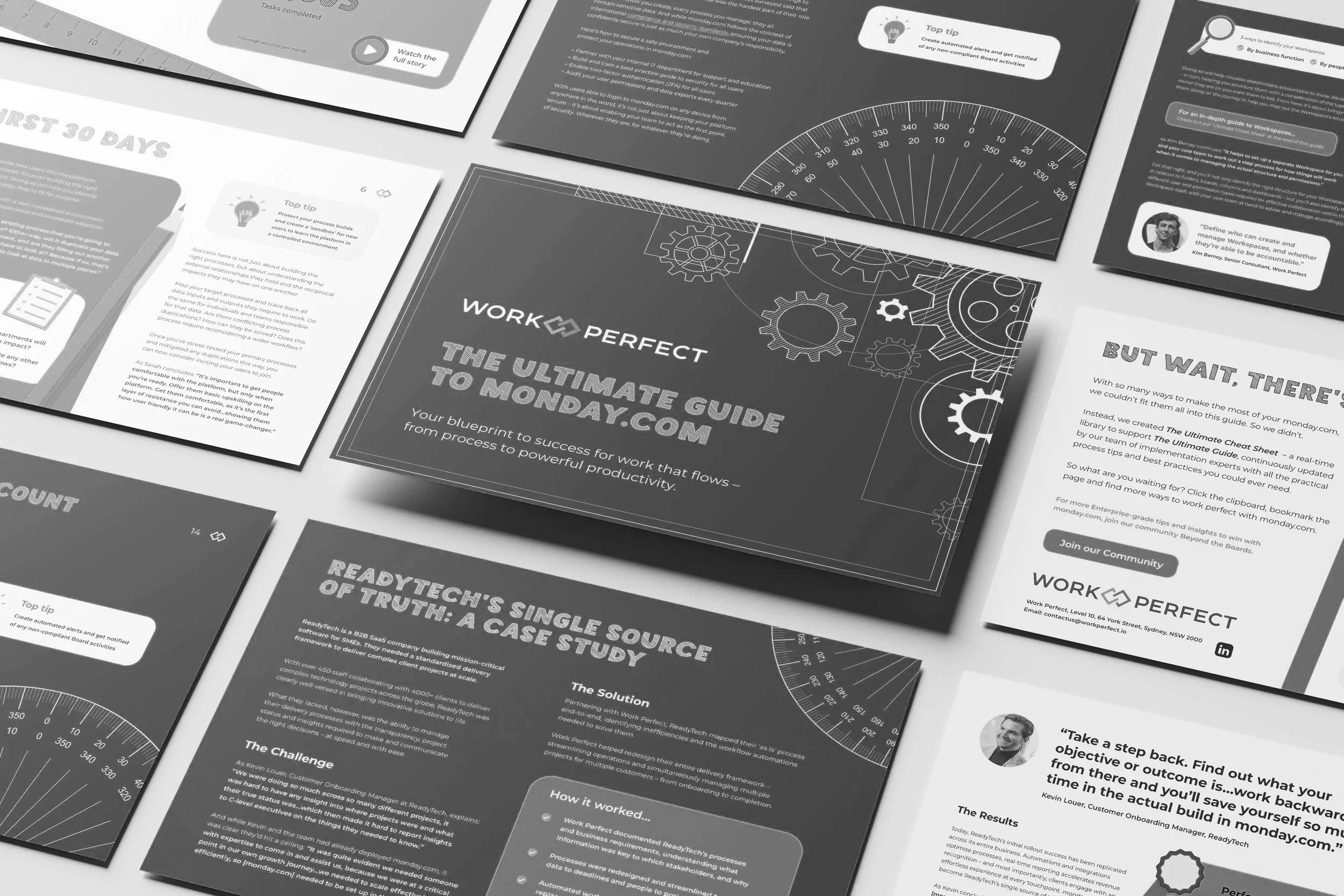 A collection of business and productivity guides, reports, and informational brochures, primarily in grayscale, laid out on a surface with some overlapping. The main focus is on one titled 'The Ultimate Guide to Monday.com' with gear graphics, and other sheets feature titles like 'ReadTech's Single Source of Truth: A Case Study' and 'Work Perfect'.