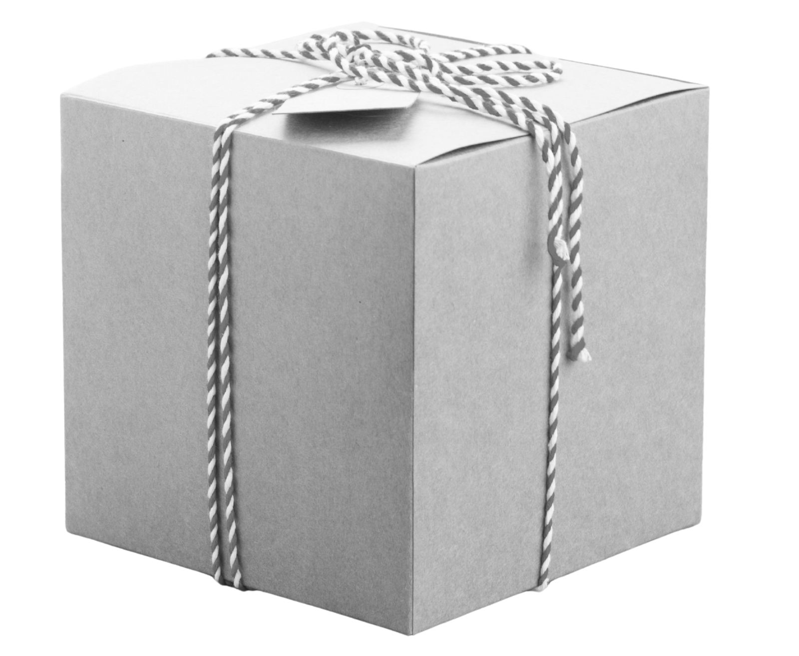 A gray gift box wrapped with white and gray striped twine tied in a bow on top