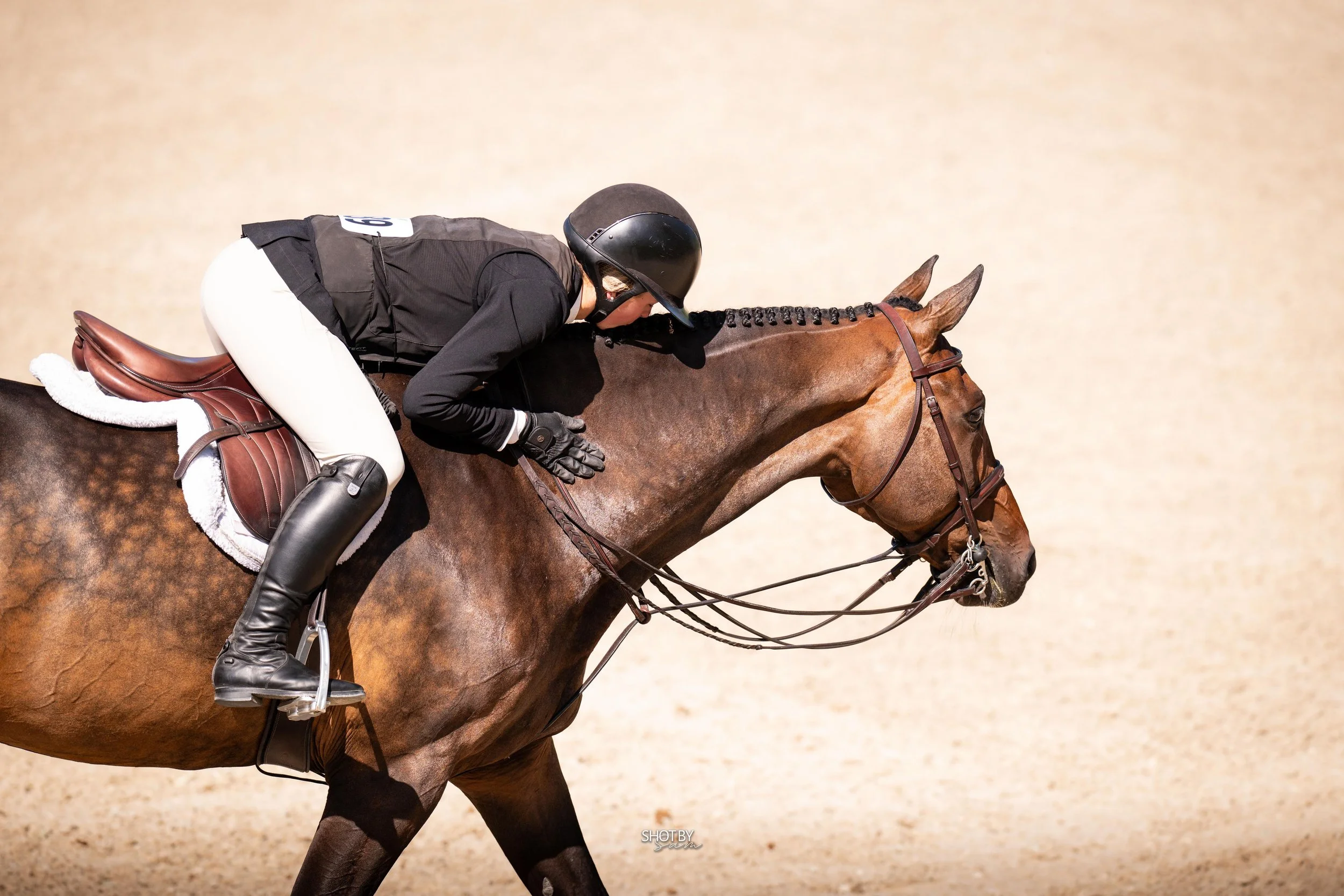 A person riding a brown horse in an indoor arena, wearing a black helmet, black jacket, white pants, and black riding boots, leaning forward and holding the reins.