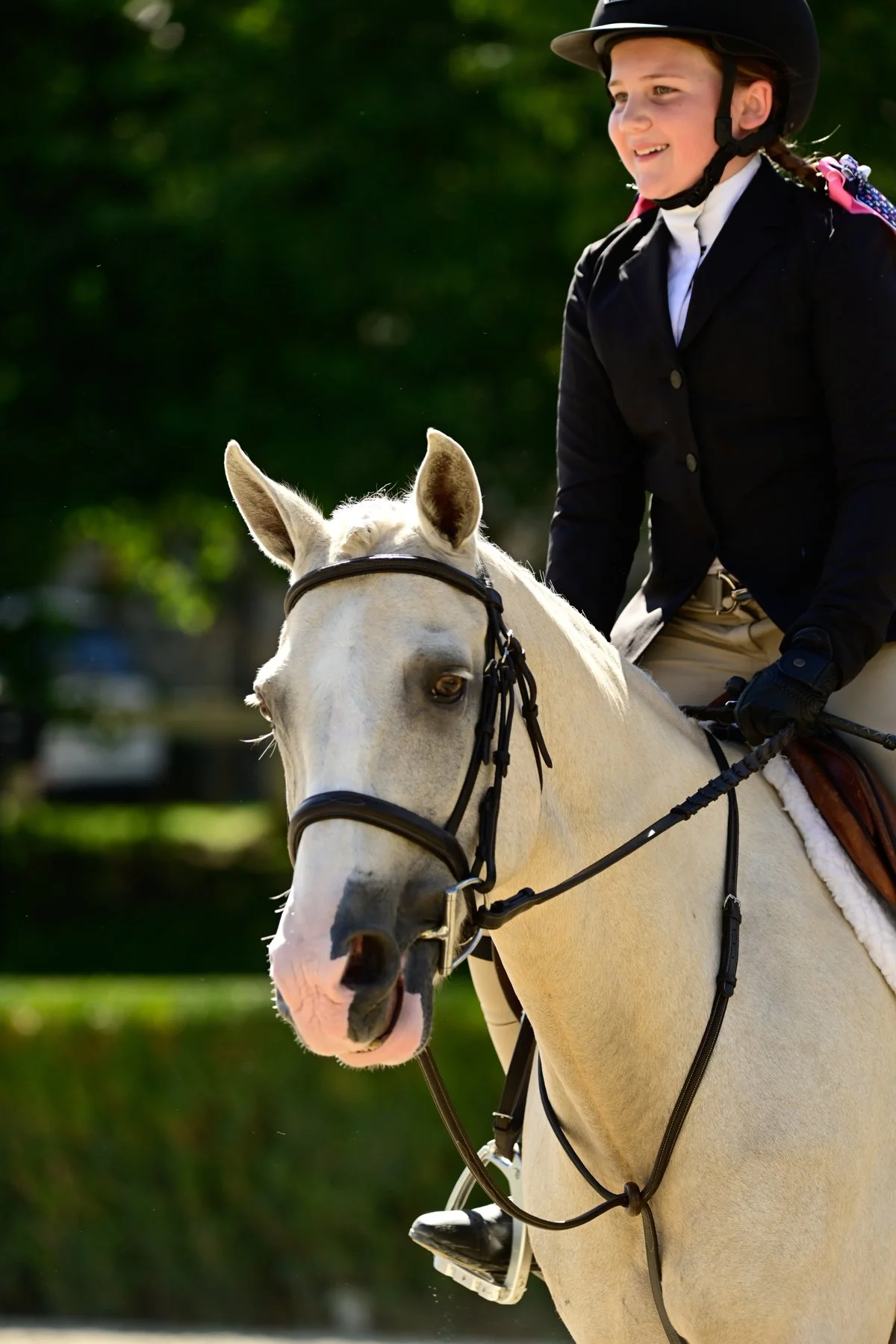 A girl wearing a black riding helmet and formal riding attire, riding a white horse outdoors on a sunny day with a background of green trees.