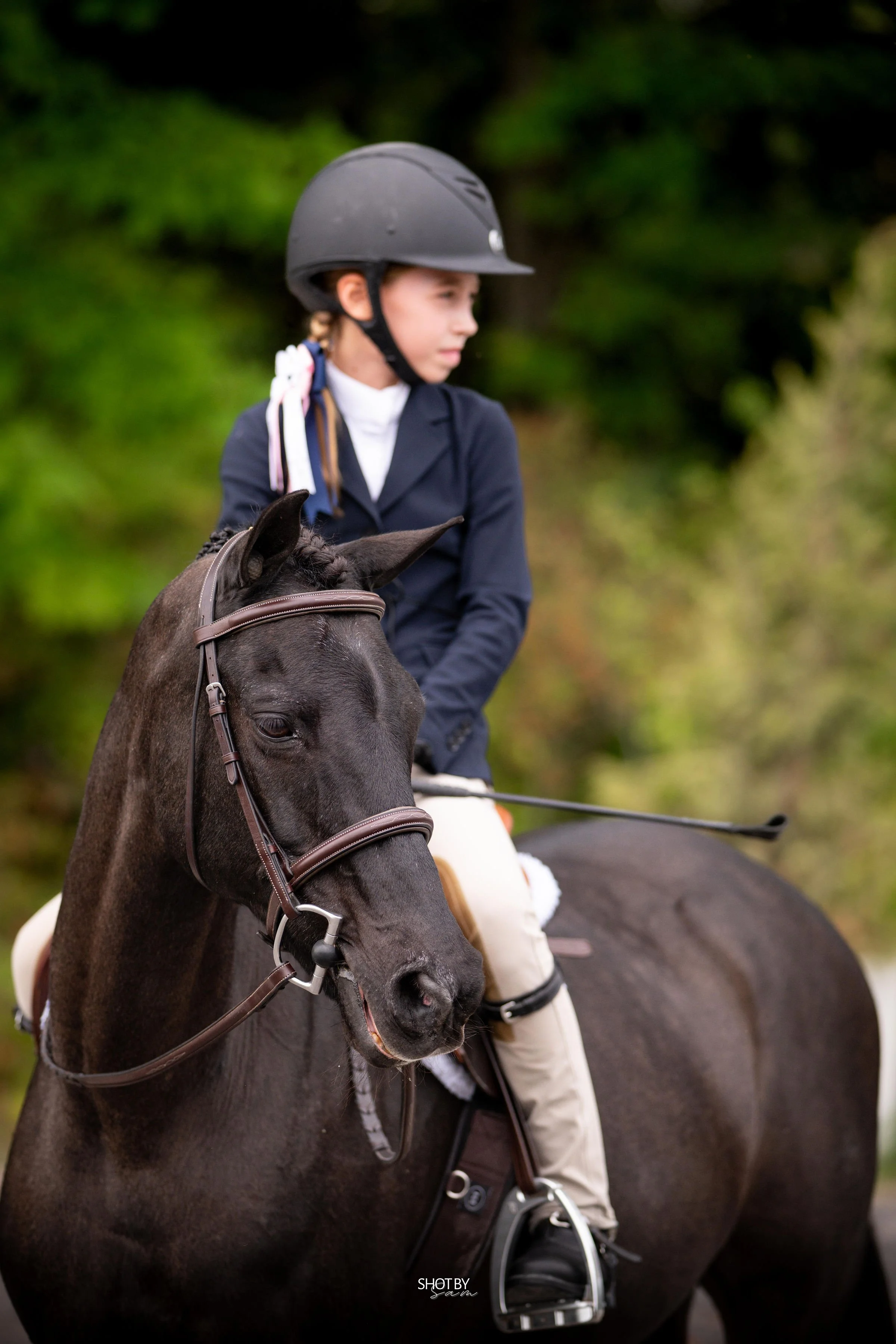 A young girl dressed in equestrian attire riding a dark brown horse, wearing a black riding helmet, with a blurred green background.