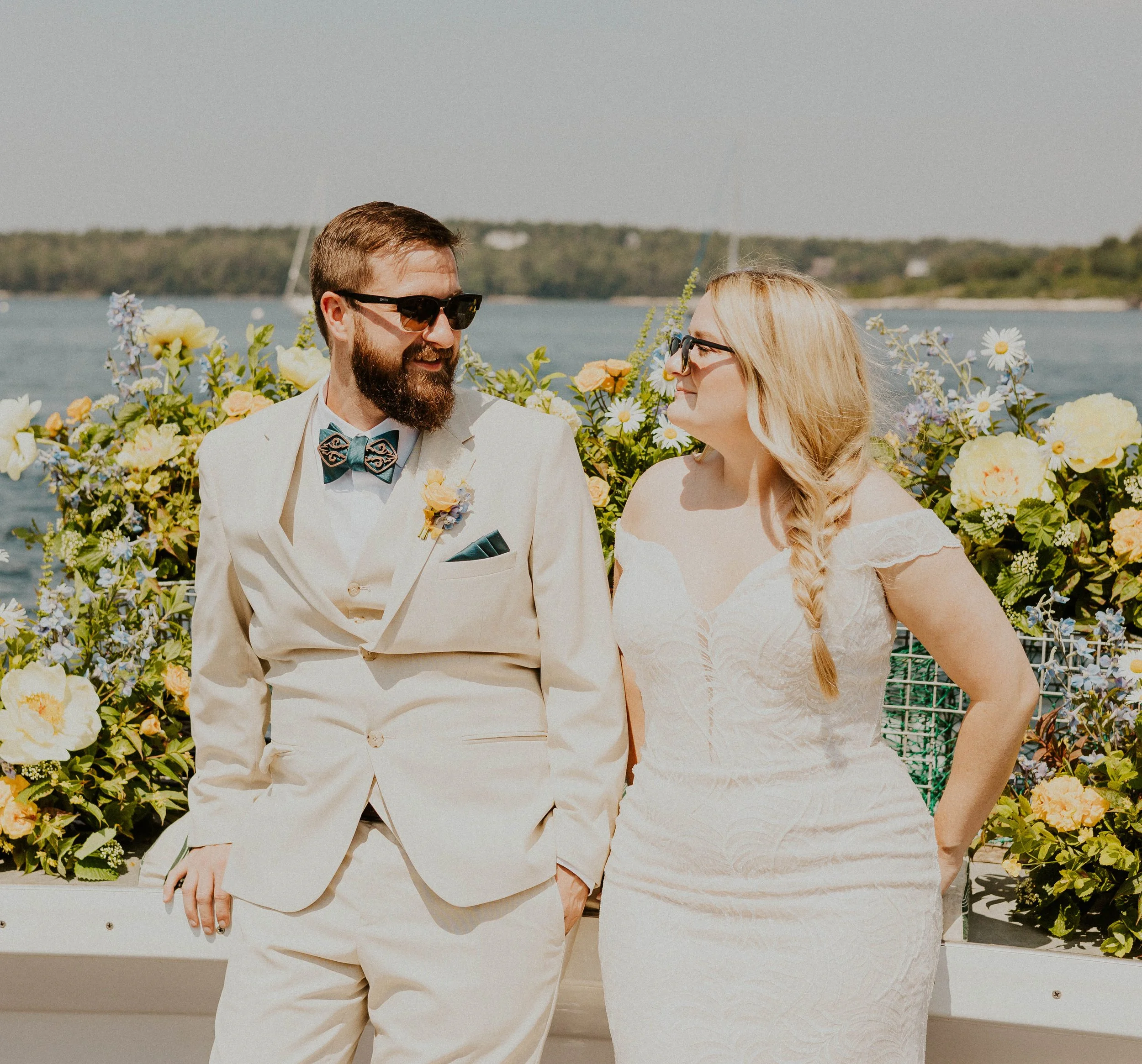 Bride and groom on adventure elopement in Midcoast Maine
