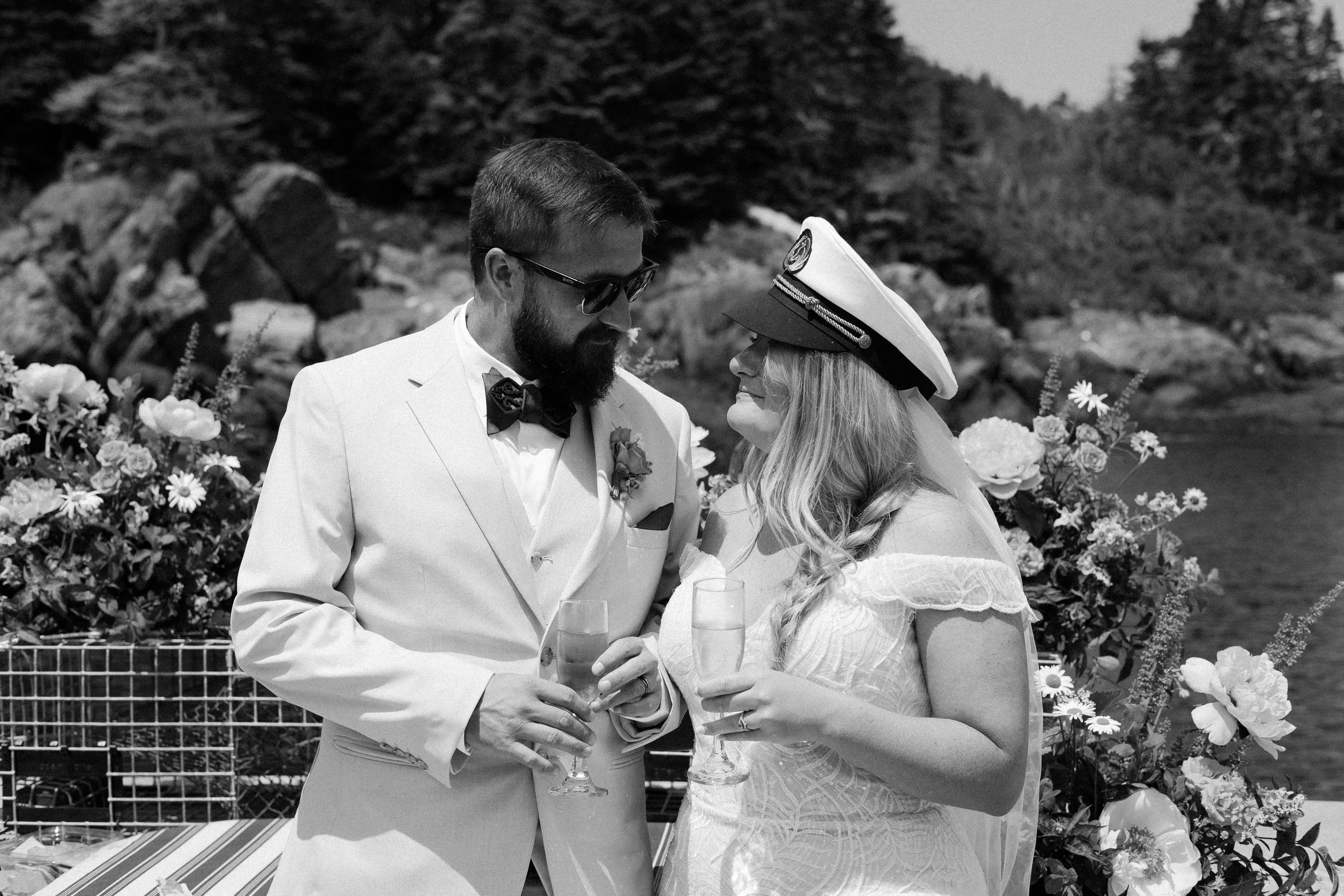 Bride wearing captain's hat