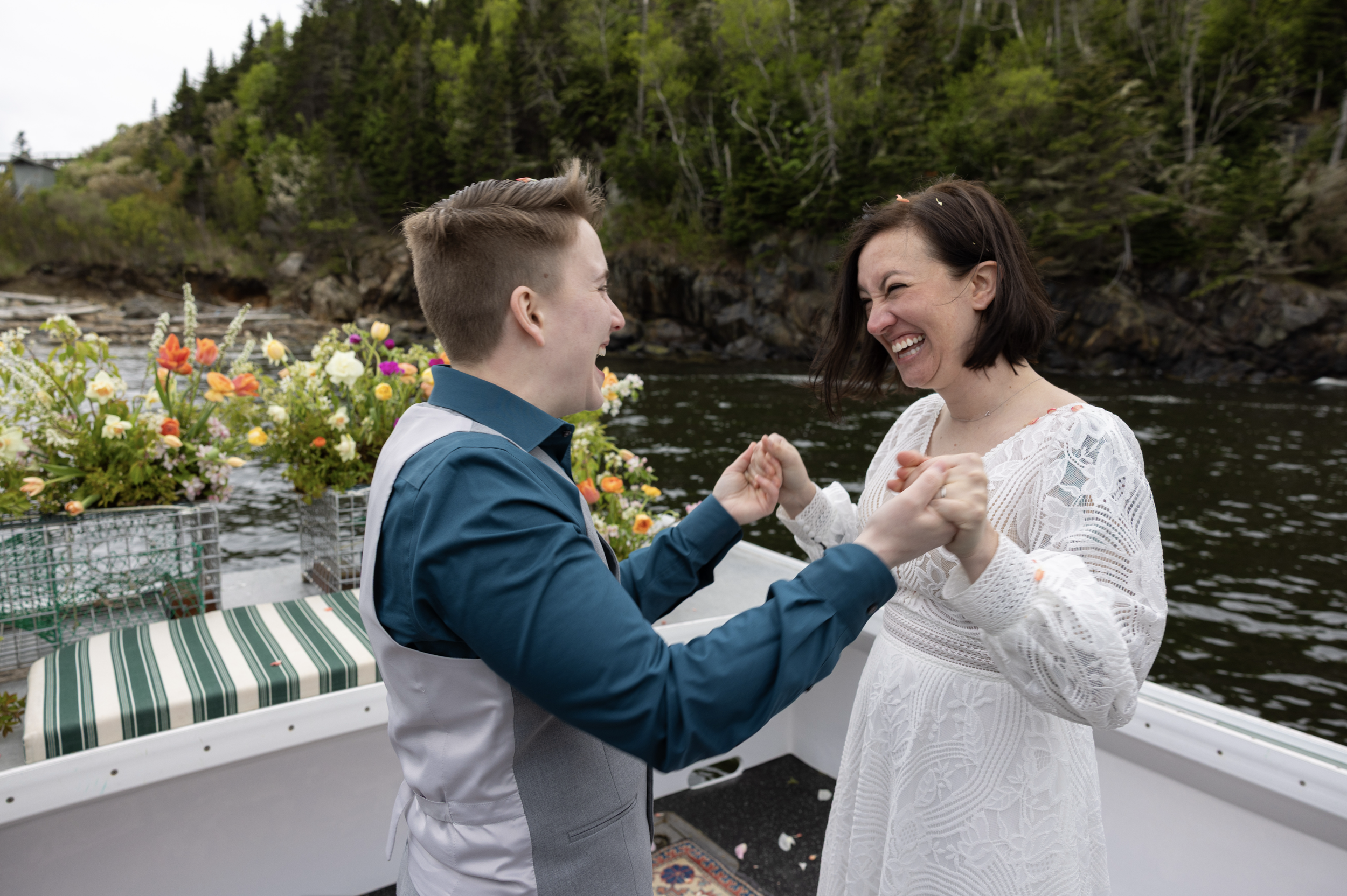 intimate Maine elopement ceremony overlooking ocean at Seguin Island cove