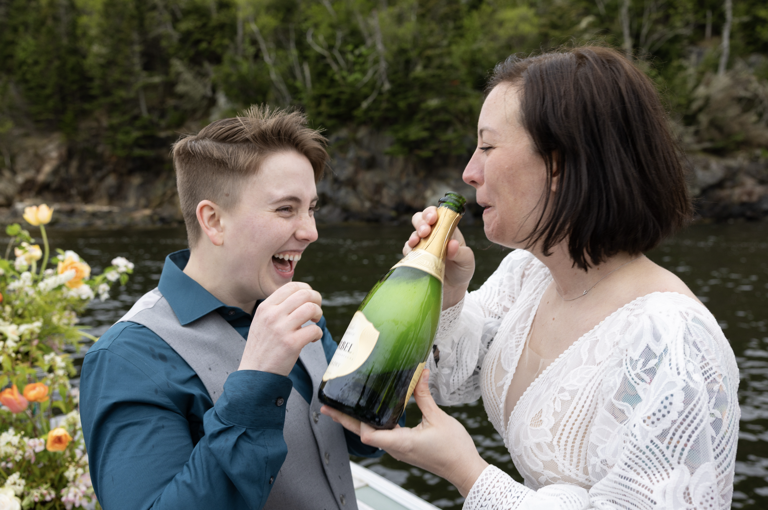 eloping on a Maine lobster boat drinking champagne