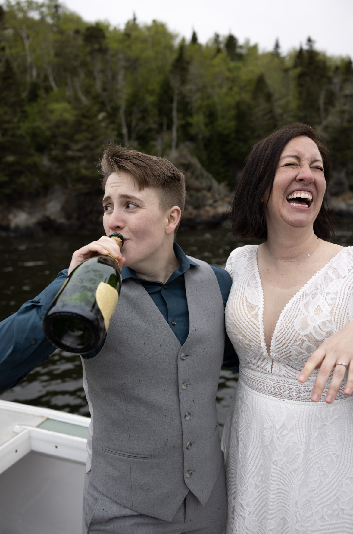 gray day in may, getting married on a Maine charter boat