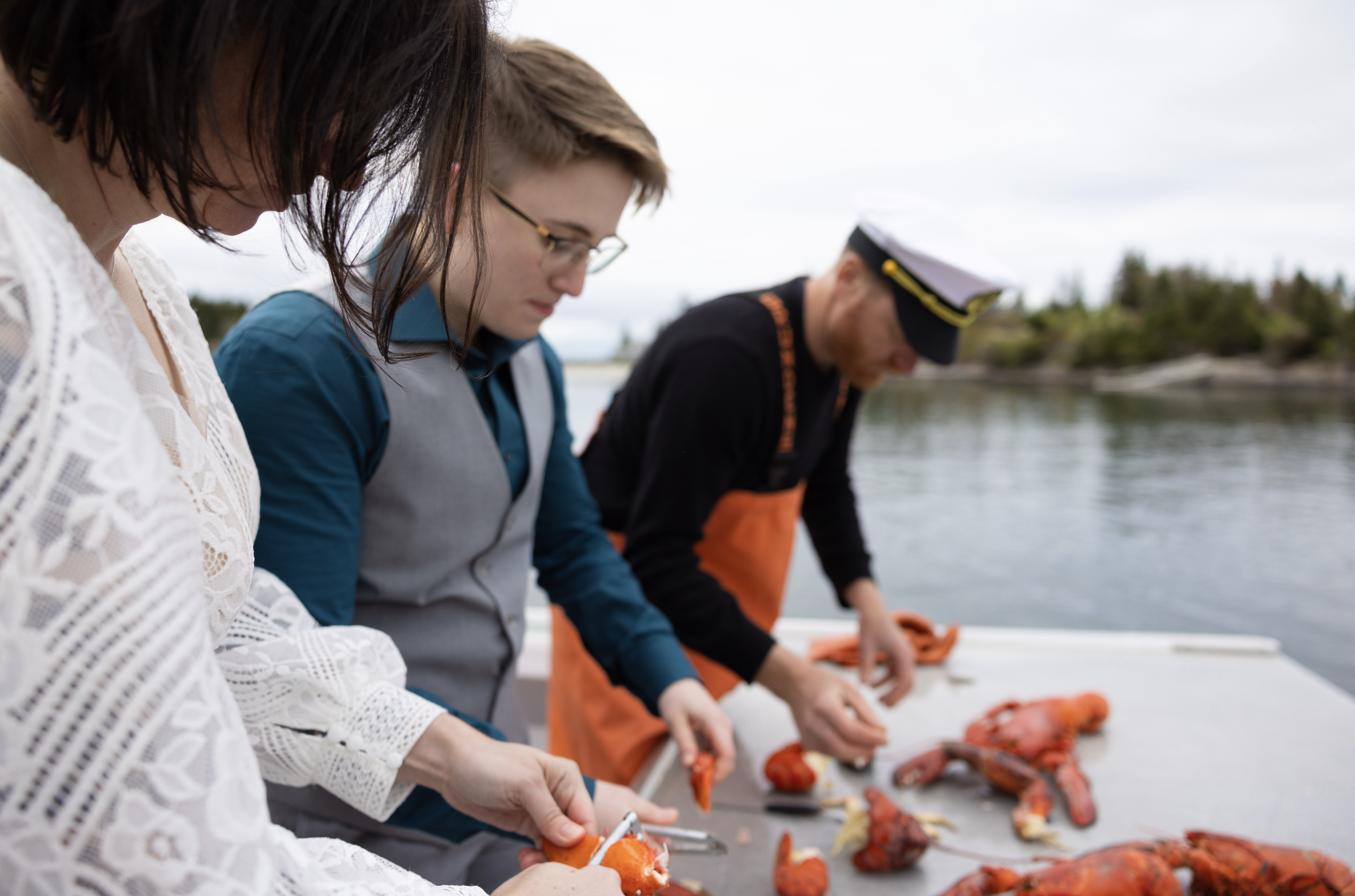 post-ceremony lobster feast on boat in midcoast Maine waters