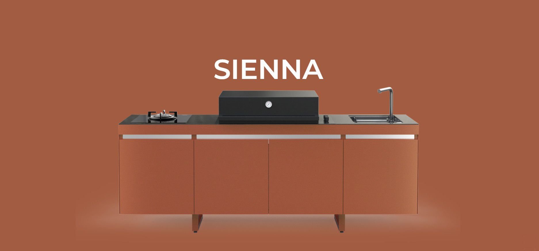 Modern kitchen unit with a cooktop, stovetop, and sink against an orange background with the word 'SIENNA' in white letters.