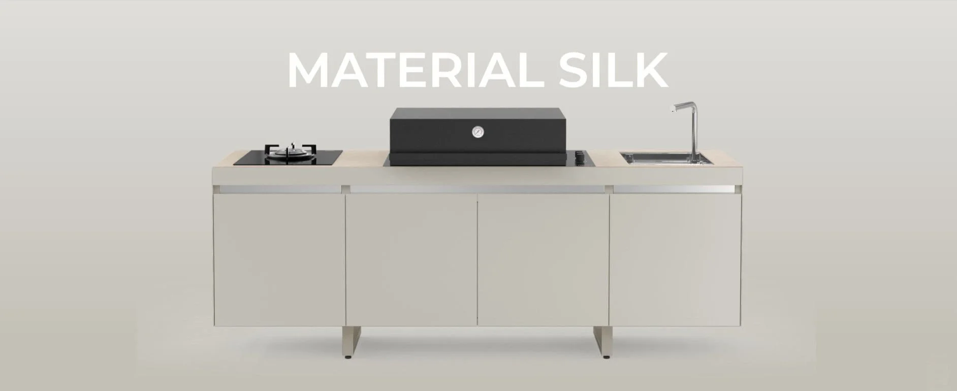 Kitchen unit with a built-in stove on the left, a black food steamer in the center, and a sink with a faucet on the right, labeled 'Material Silk' in large white letters.