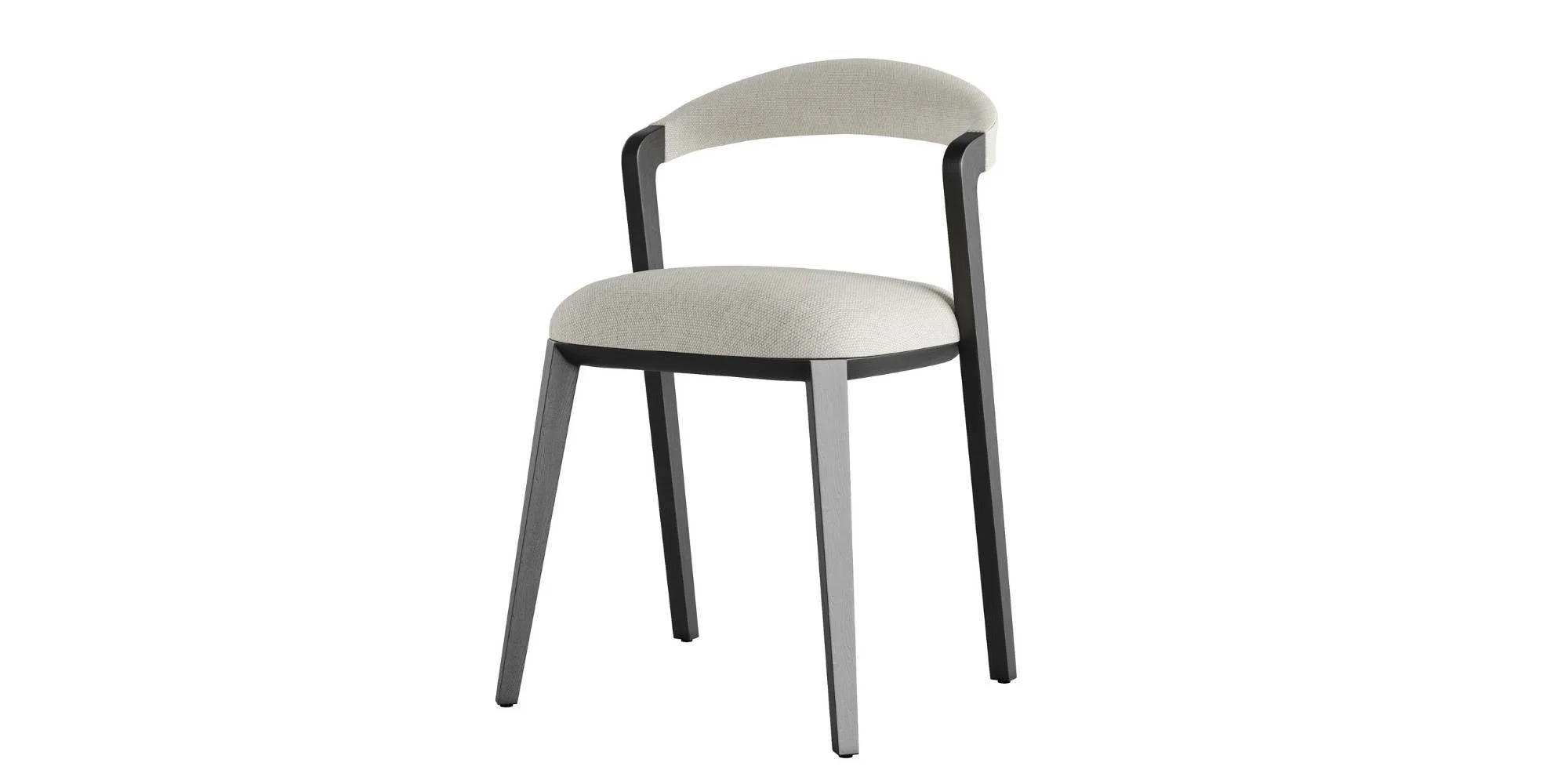 Modern chair with a light beige cushioned seat, a curved backrest, and dark wood frame and legs.