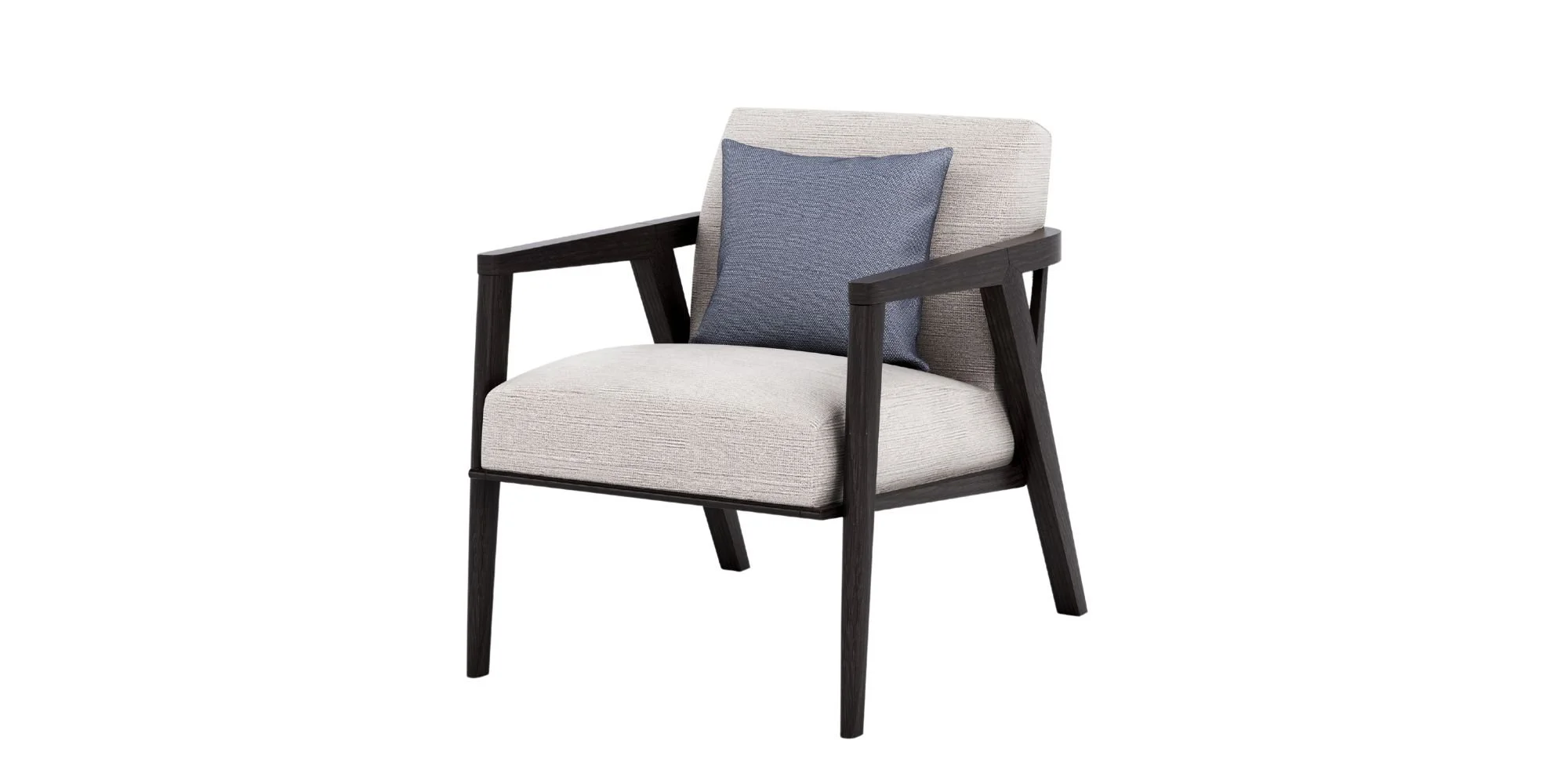 Modern armchair with black wooden frame, light beige cushioned seat and backrest, and a dark gray throw pillow.