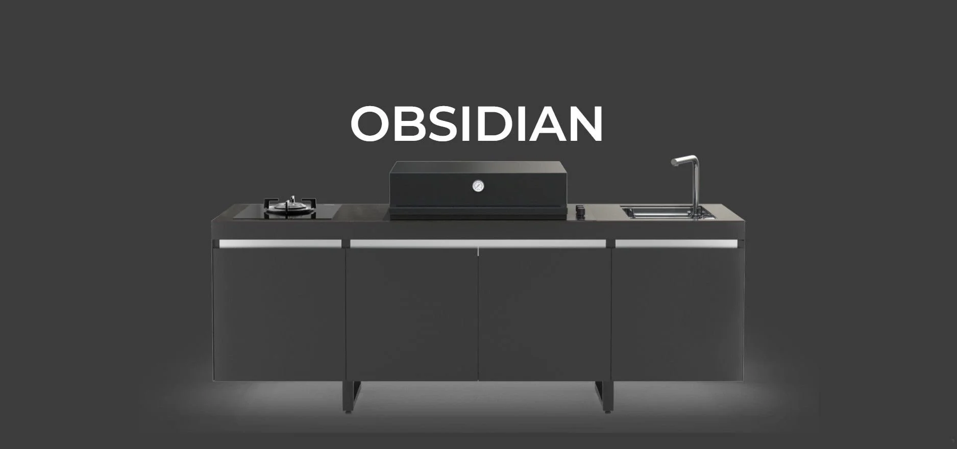 Modern black kitchen countertop with stove, grill, and sink against a dark background with the word 'Obsidian' above.