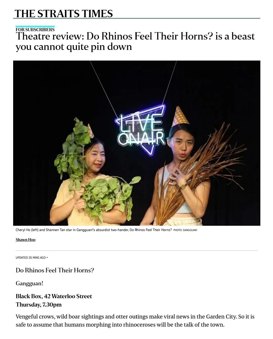 &quot;Do Rhinos Feel Their Horns?... is its own species of riotous fun and sneaky caricature.
&quot; @straits_times

We opened yesterday! Thanks for your comments and thoughts everyone! We really appreciate it.