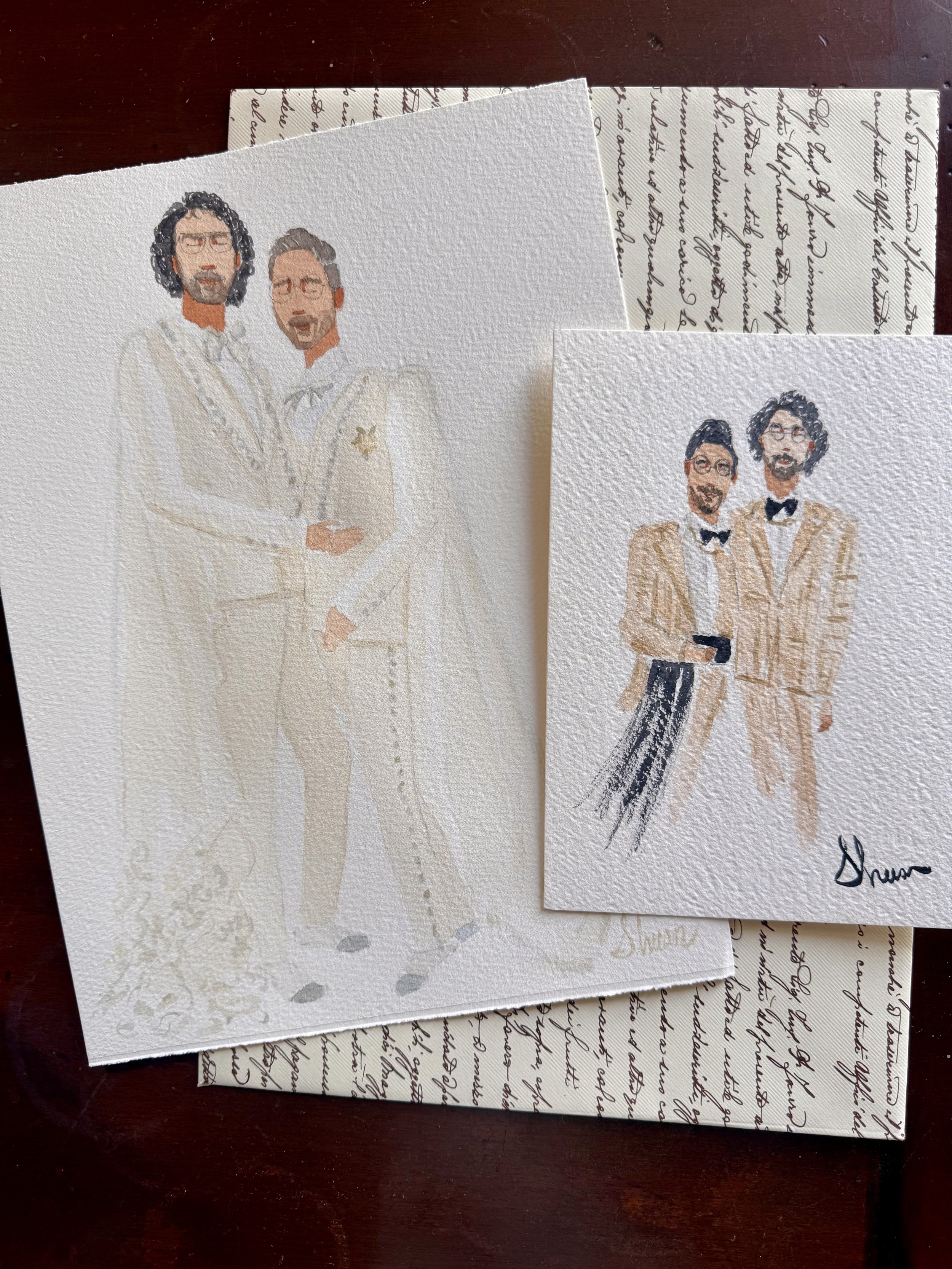 Two Italy live artistic wedding portraits of a same-sex couple, one large and one small, both dressed in wedding attire, with handwritten letters in the background.