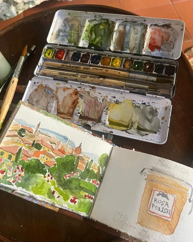 Watercolor sketch of a cypress-lined Tuscan landscape painted during a Florence workshop