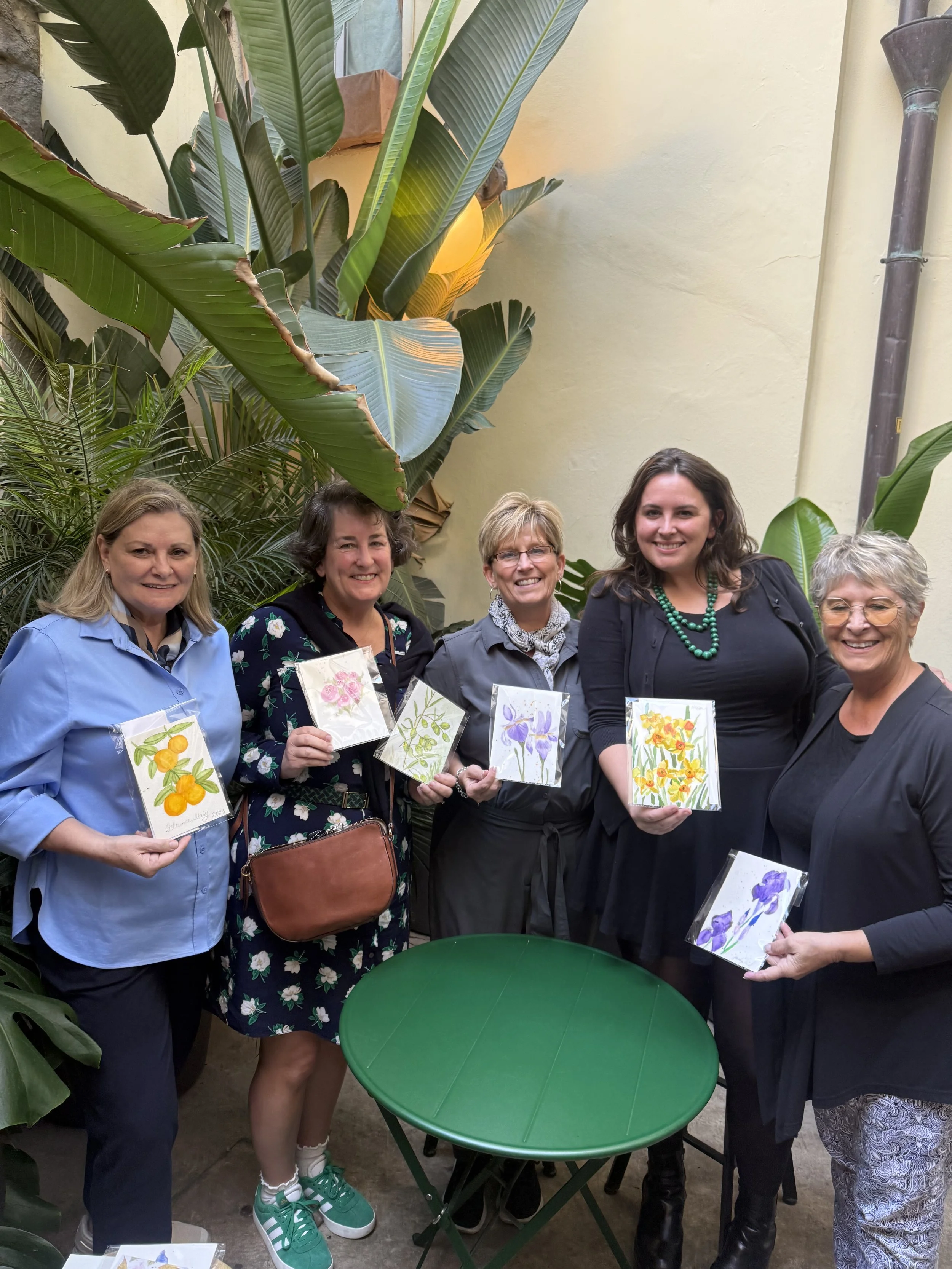 Five women s"Watercolor painting workshop with aperitivo at a luxury Florence restaurant.