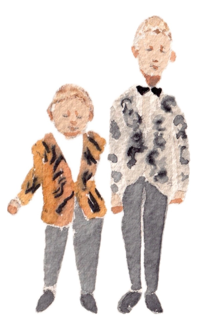 Live wedding watercolor illustration of two boys standing side by side. One boy wears a tiger-print jacket and gray pants, the other in a cow-print jacket, black bowtie, and gray pants.