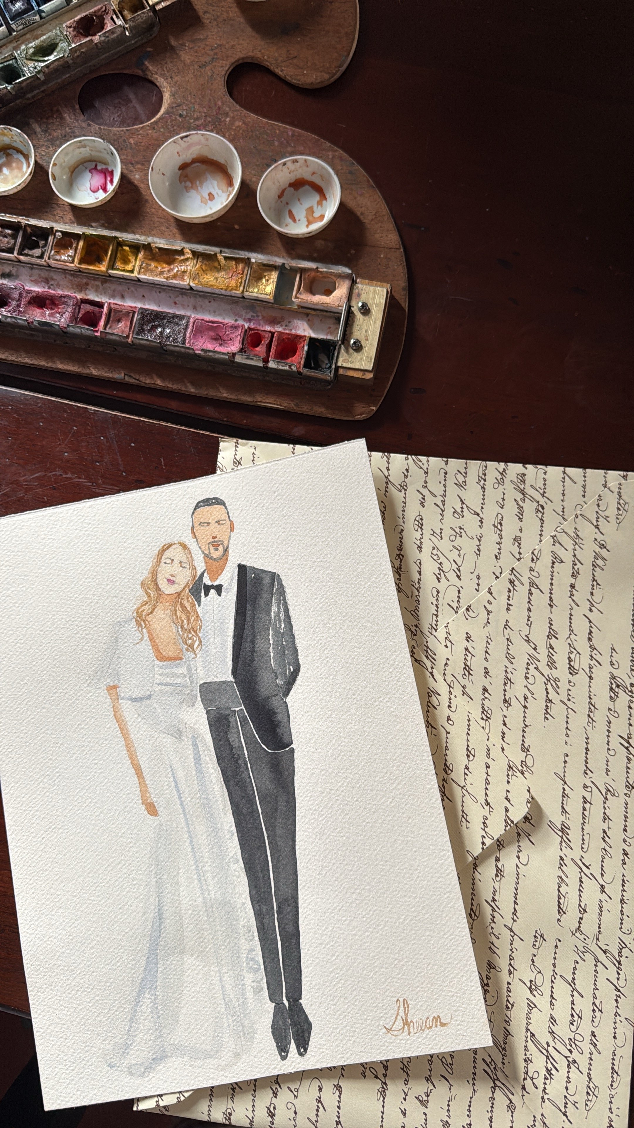 An Italy live watercolor illustration of a bride in a white wedding dress and a groom in a black tuxedo, standing close together with her eyes closed.