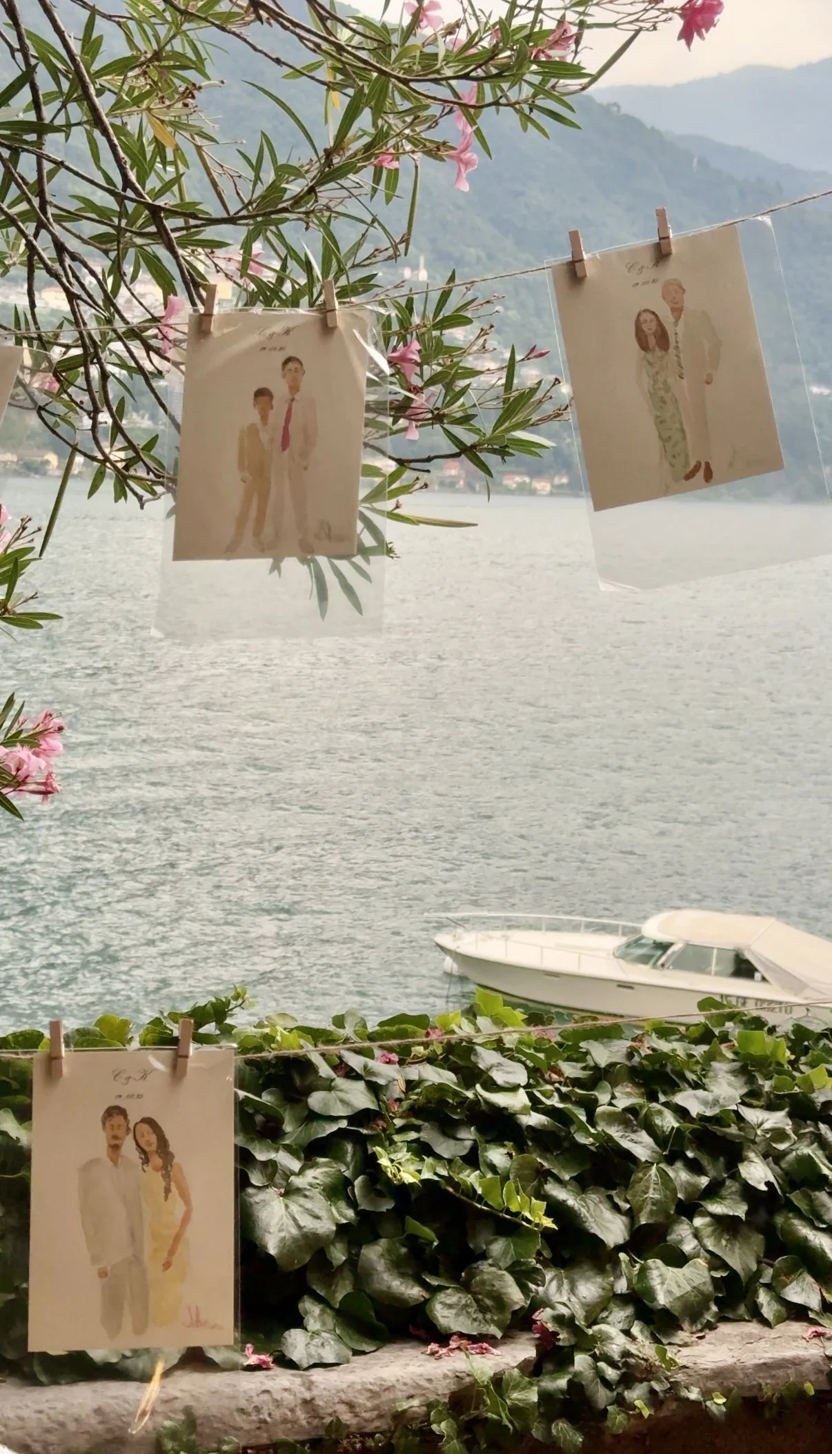 Lake Como watercolor guest portrait favors made by an Italy live wedding painter.
