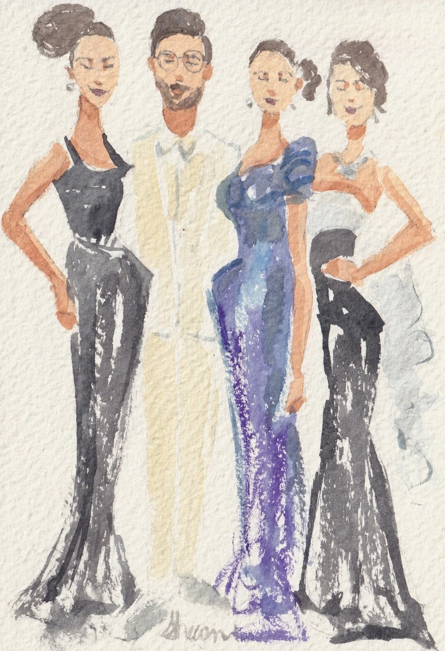 An italy live wedding watercolor illustration of four elegantly dressed women and one man, all posing confidently.