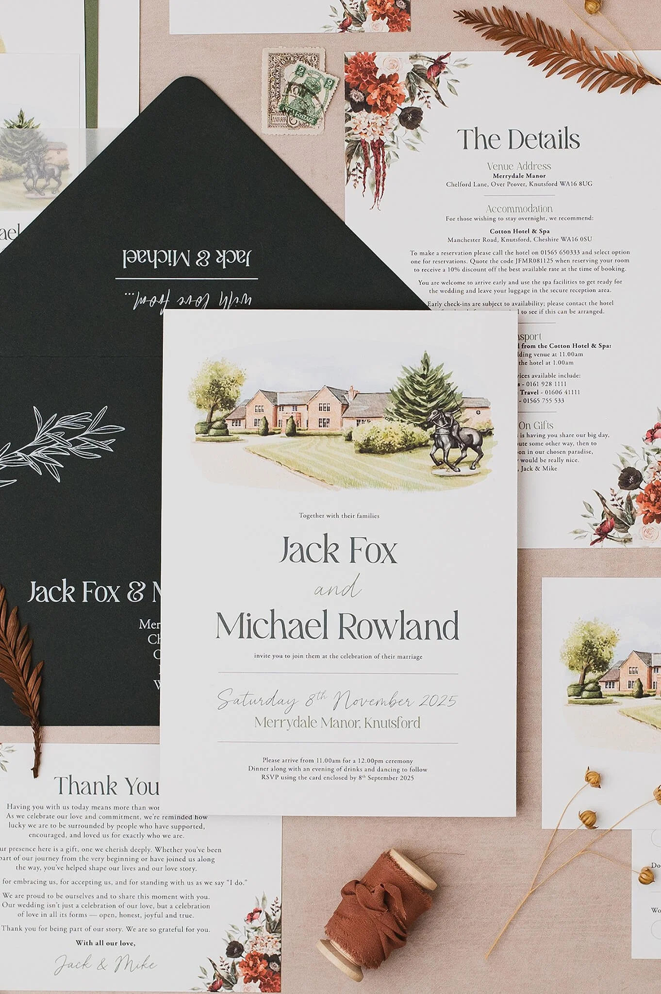 Wedding invitation suite for Jack Fox and Michael Rowland, featuring floral and house watercolor illustrations, with other wedding-related papers, dried flowers, and a spool of ribbon on a beige background.
