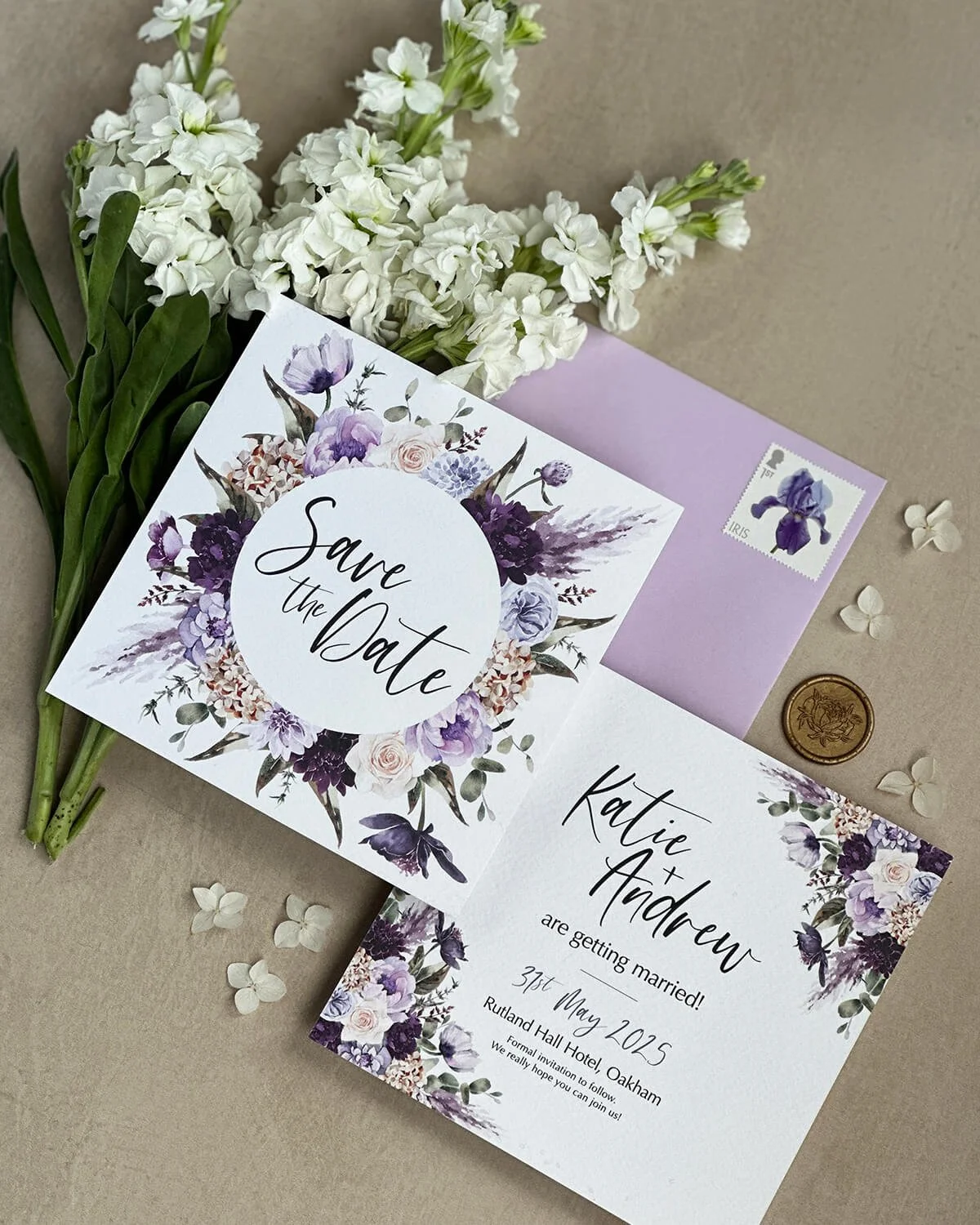 Floral royal mail stamps are the perfect finishing touch for luxury wedding invitation envelopes.