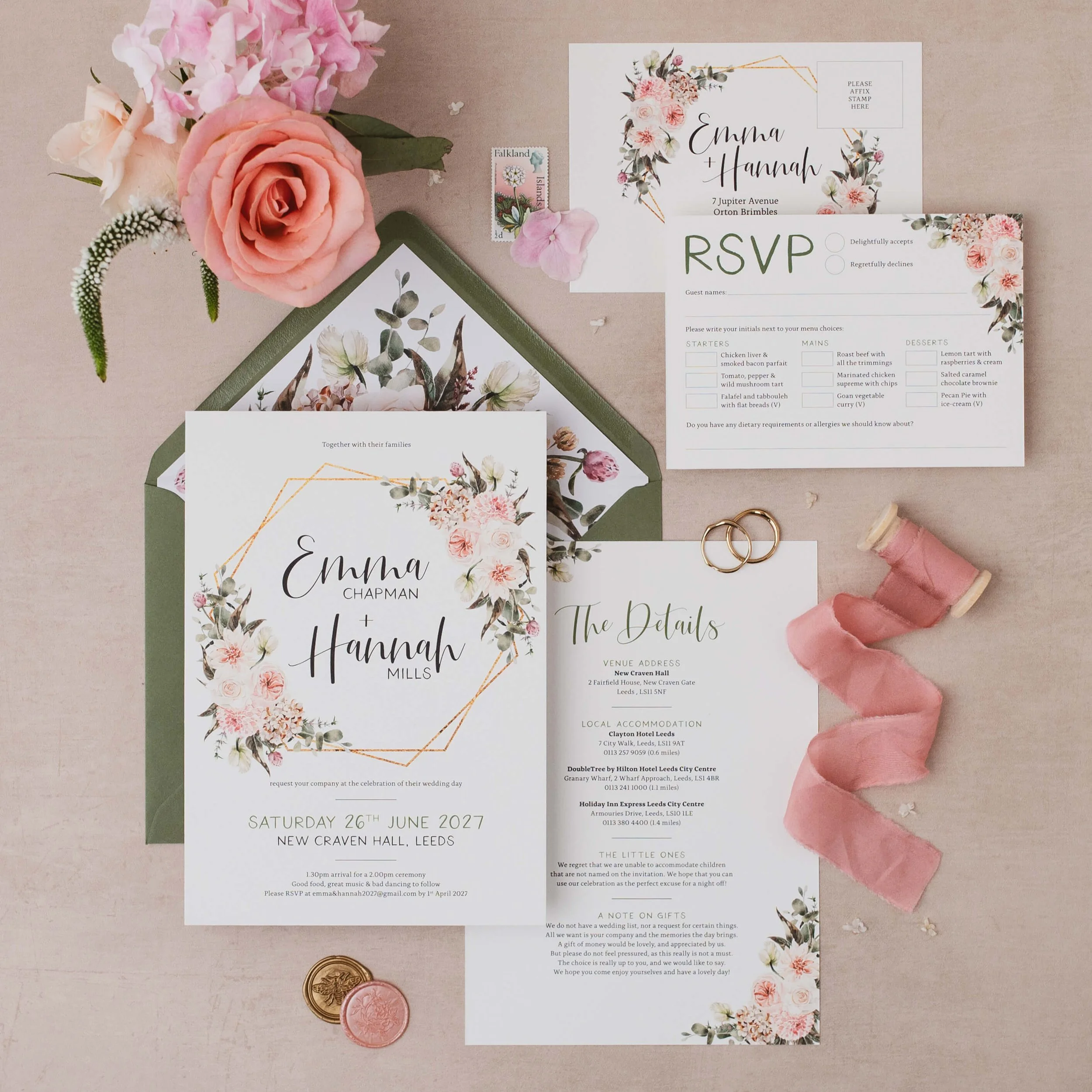 The Flora Blush Pink & Sage Green Floral Wedding Invitation Sample Pack