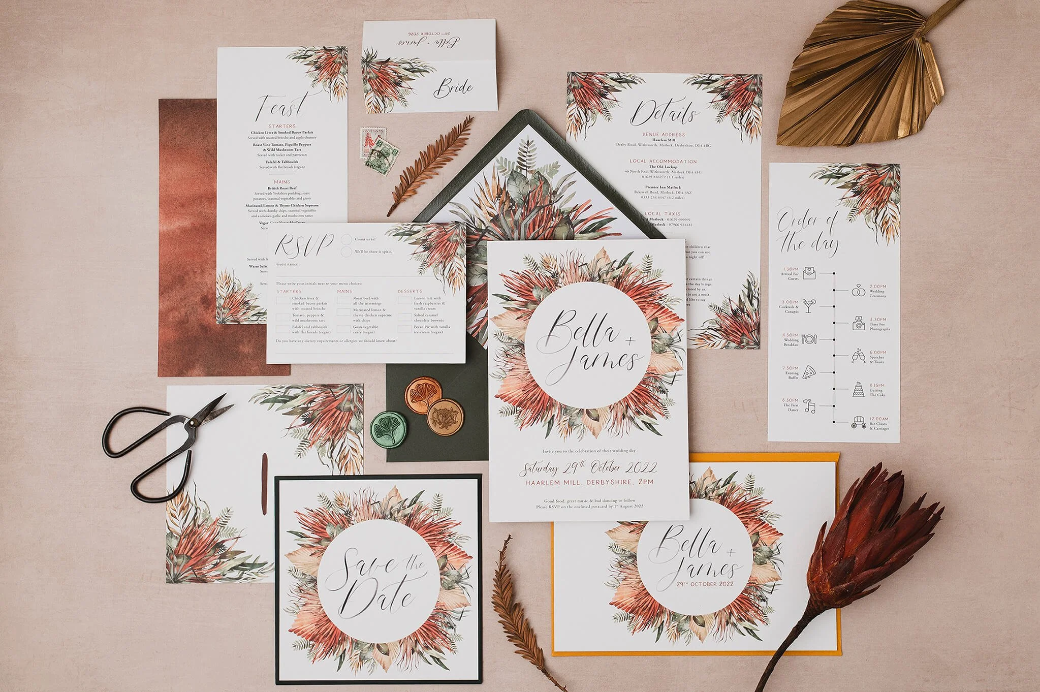 Rustic, botanical wedding Invitations, save the dates, RSVP cards, menus and wedding stationery with dried foliage in neutral tones of red, beige and green.