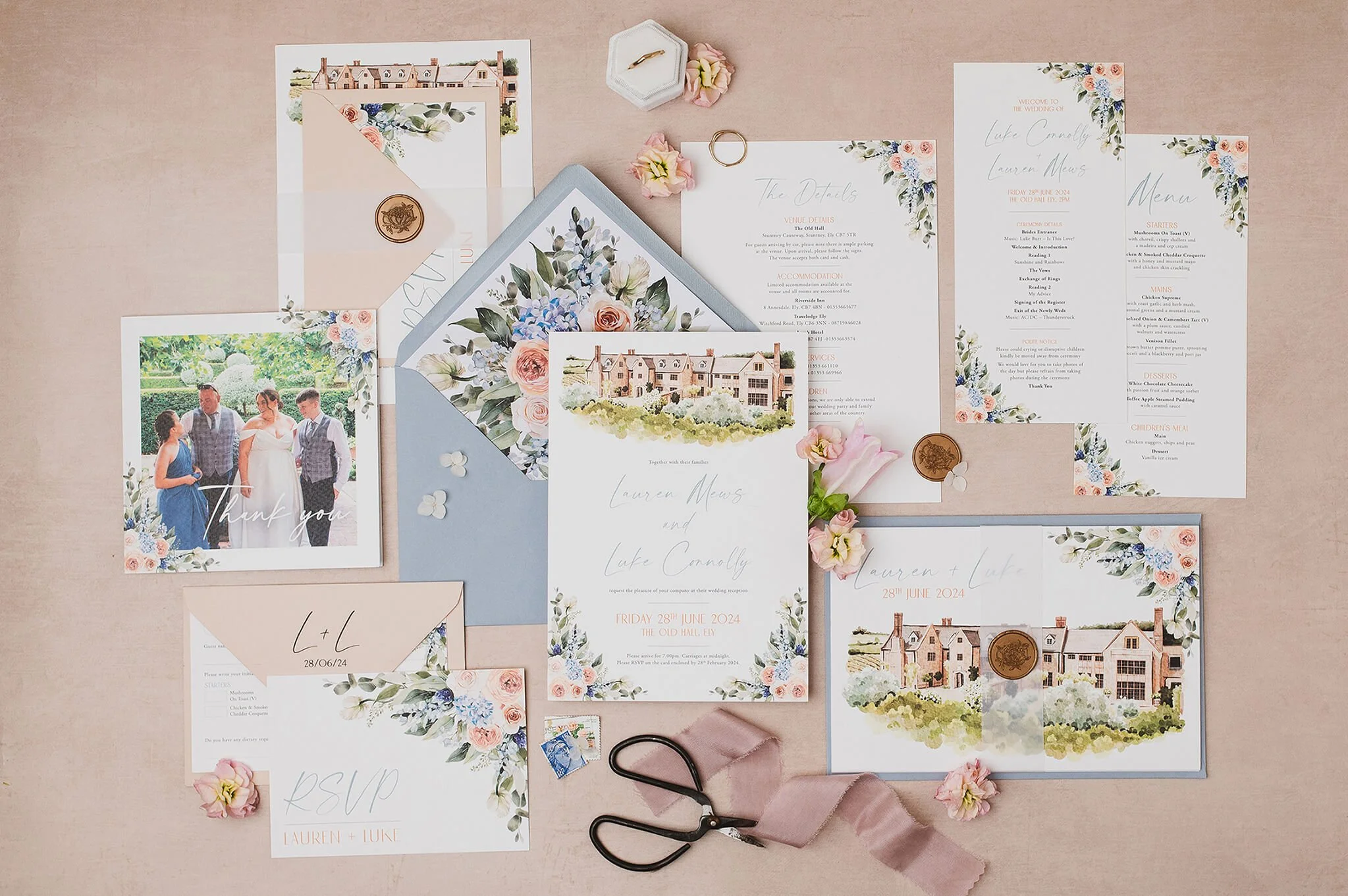 Wedding invitation suite with floral accents, RSVP card, thank you card, envelopes, featuring wedding venue illustrations.