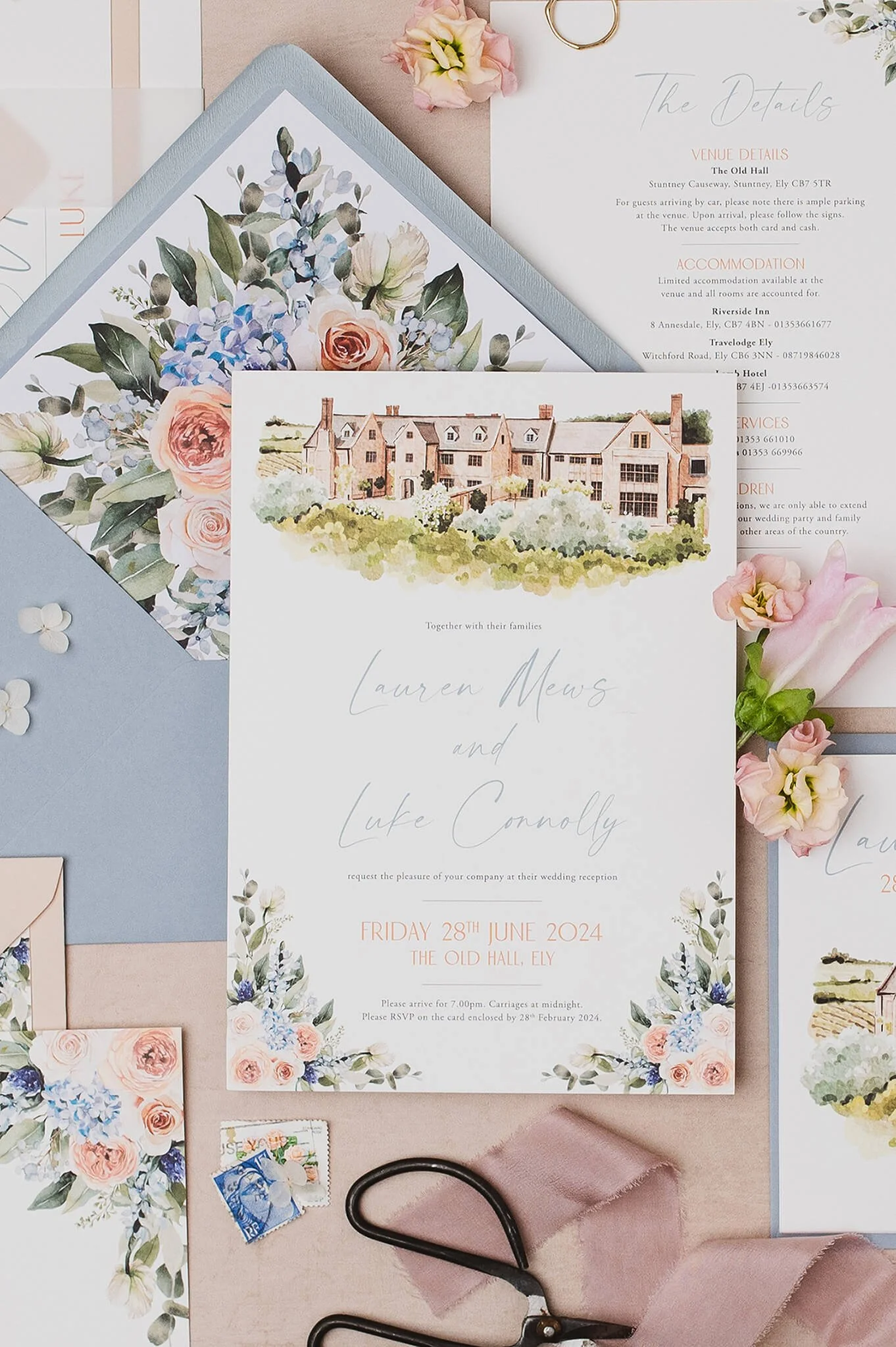 Custom watercolour wedding venue invitations showcasing The Old Hall Ely.
