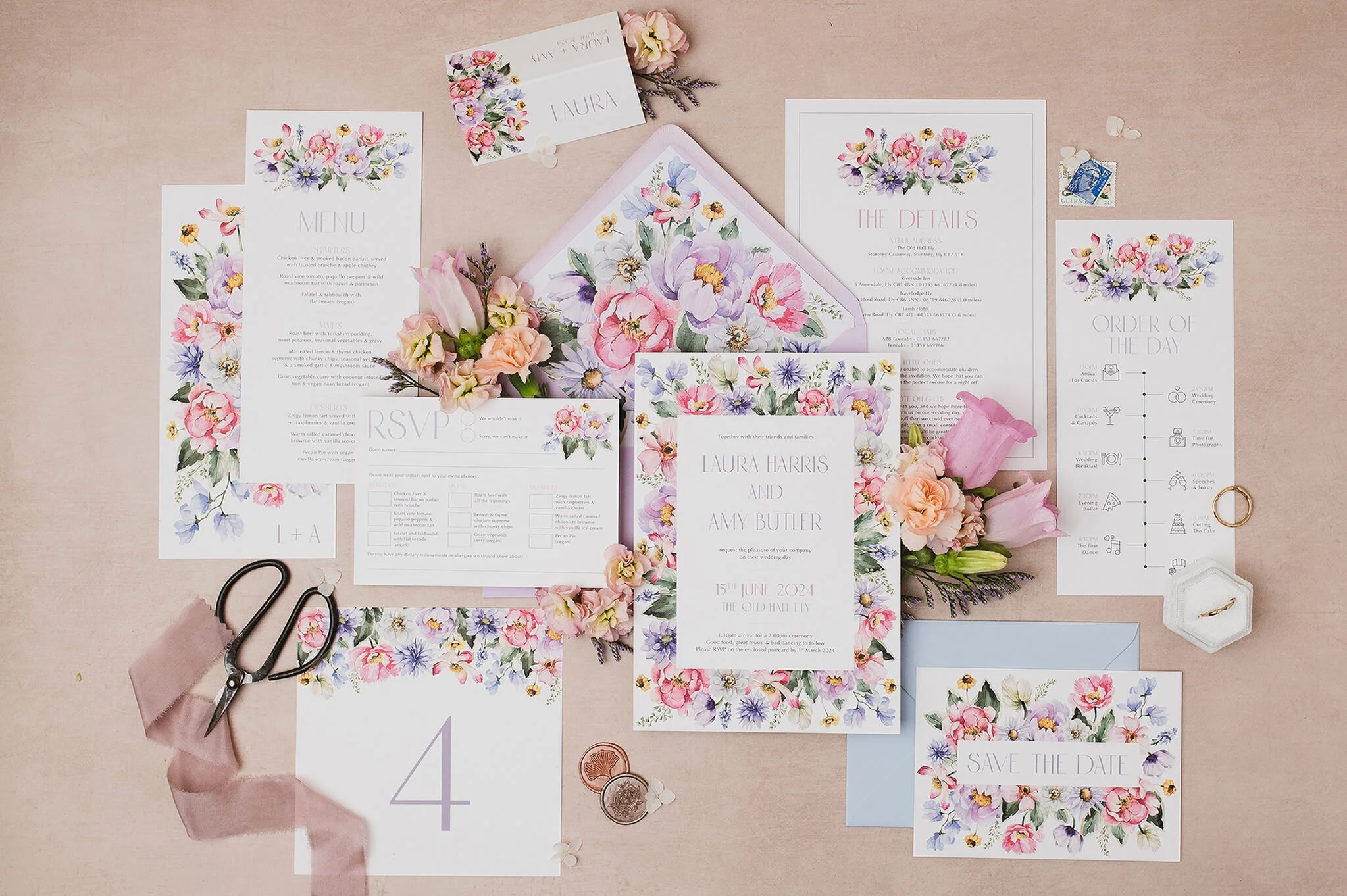 Aster pastel coloured spring wedding stationery.