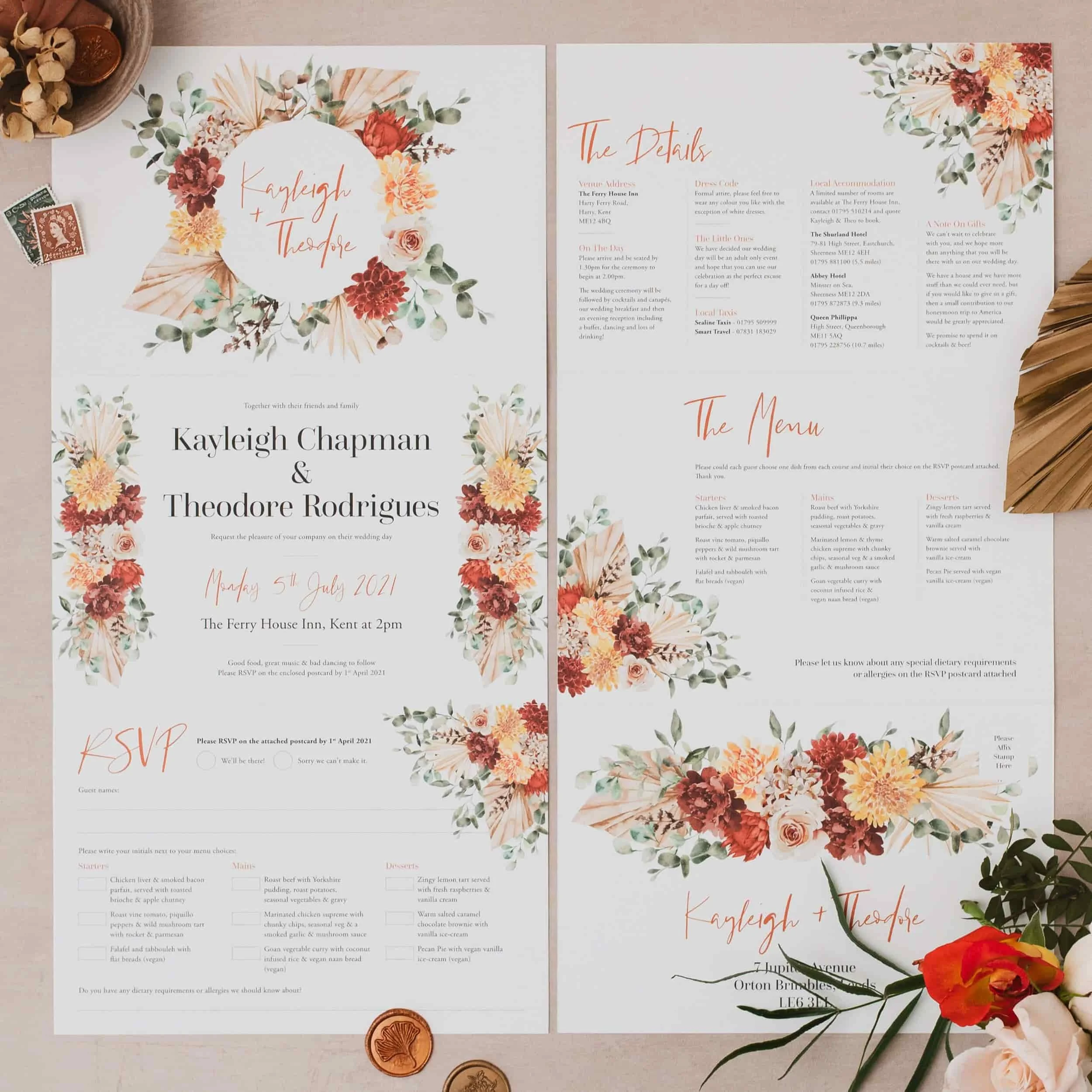 Burnt orange floral concertina folded wedding invitations with tear-off wedding RSVPs.