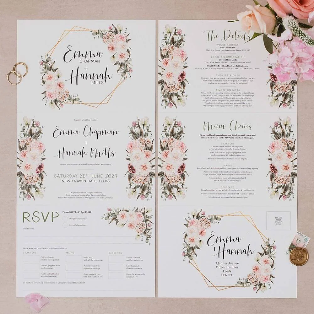 Stylish blush pink and sage green concertina wedding invitations on a budget from Wild Moon.