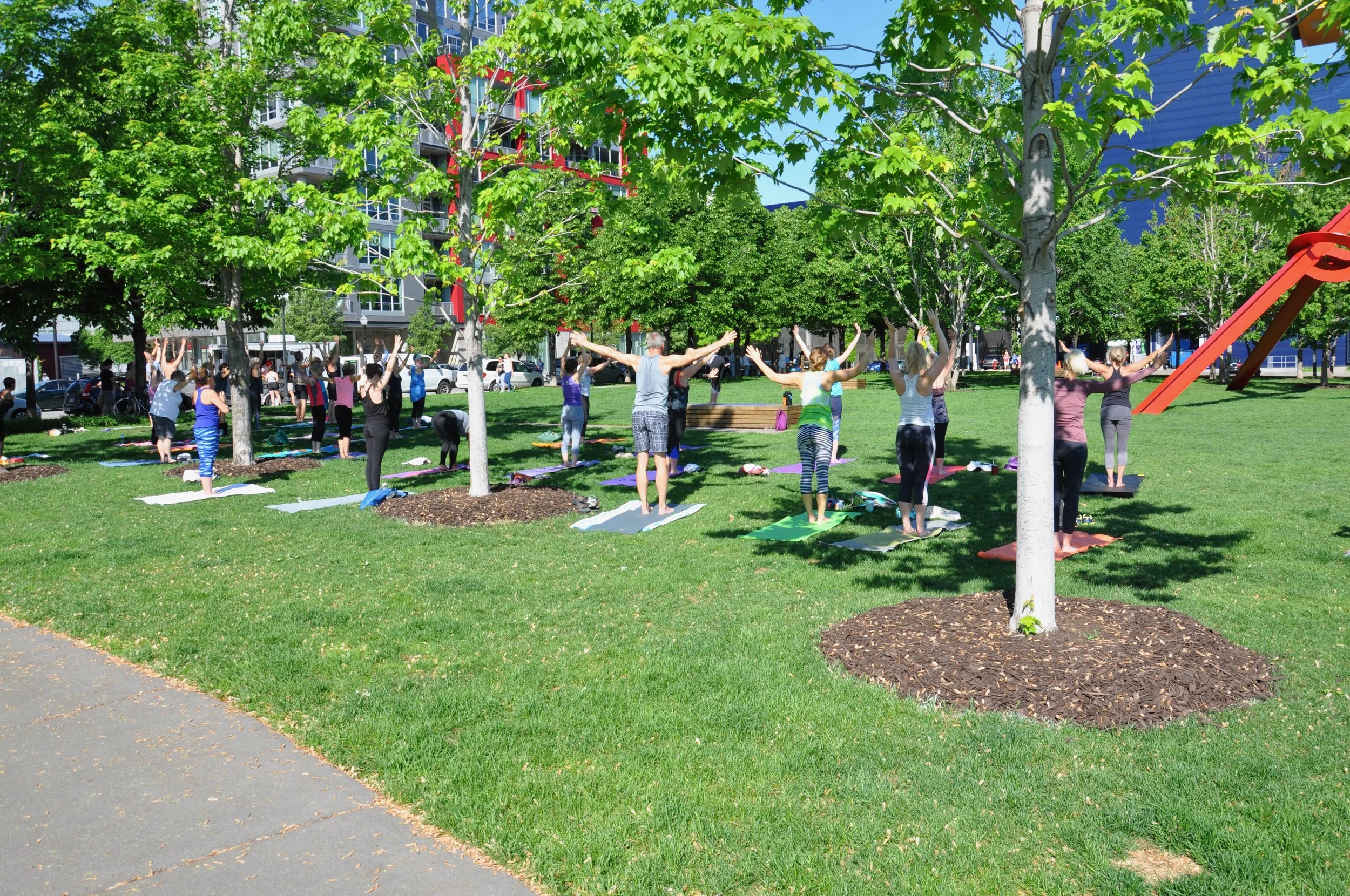 So . . . .Yoga in the Park on Saturdays at 9 a.m.  The rain at that time and day has been incredible and not very conducive to the practice.  We are ALWAYS going to try again, so will be having yoga this Saturday, July 12th at 9