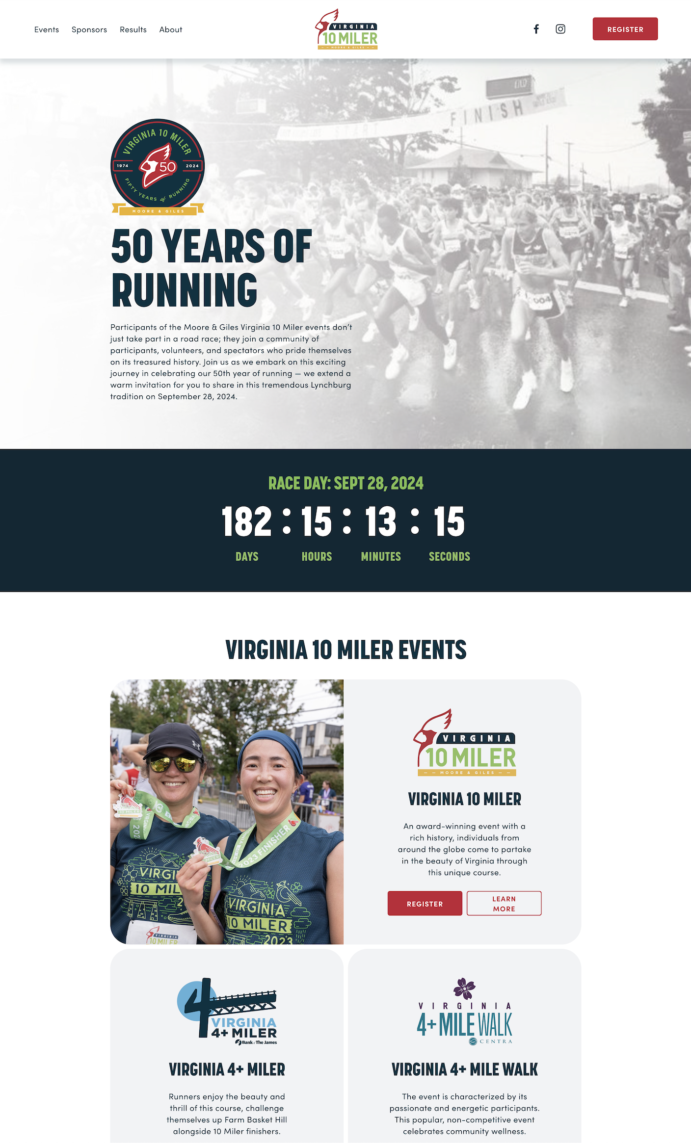 Virginia 10 Miler homepage featuring their 50th anniversary