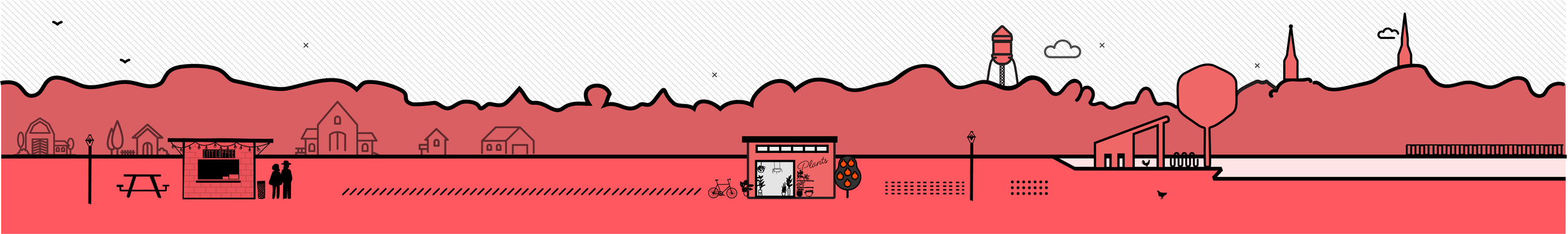 Line drawing of a park scene with a picnic table, small food stand, bicycle, plants, trees, buildings, and hills in the background, colored in shades of red and black.