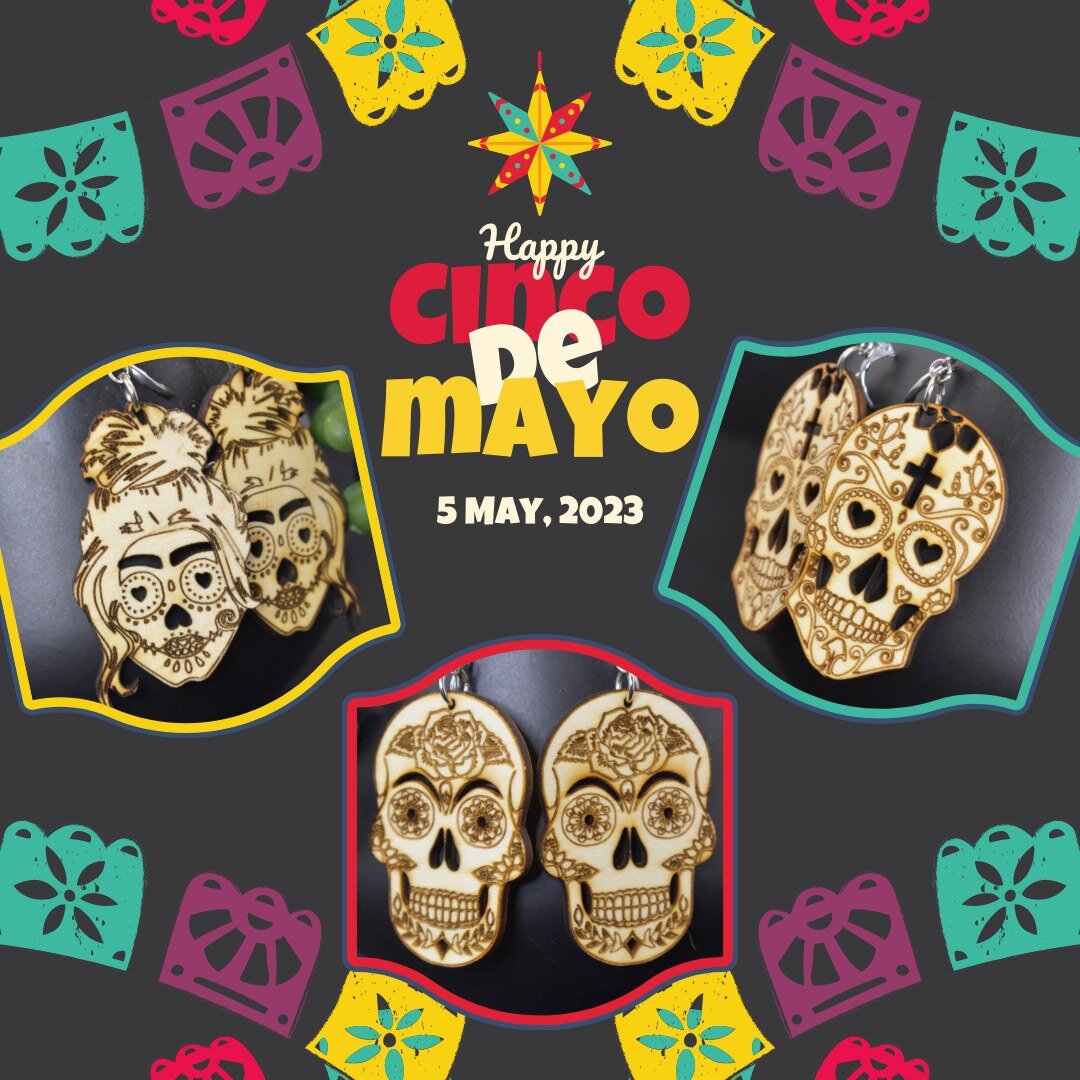 I have all three of these sugar skulls available on my website. #cincodemayo2023 #cincodemayocelebration #cincodemayoearrings #cincodemayojewelry #sugarskullearrings #sugarskullearring #woodenearringsofinstagram #woodenearring #shopsmallbusiness #ear