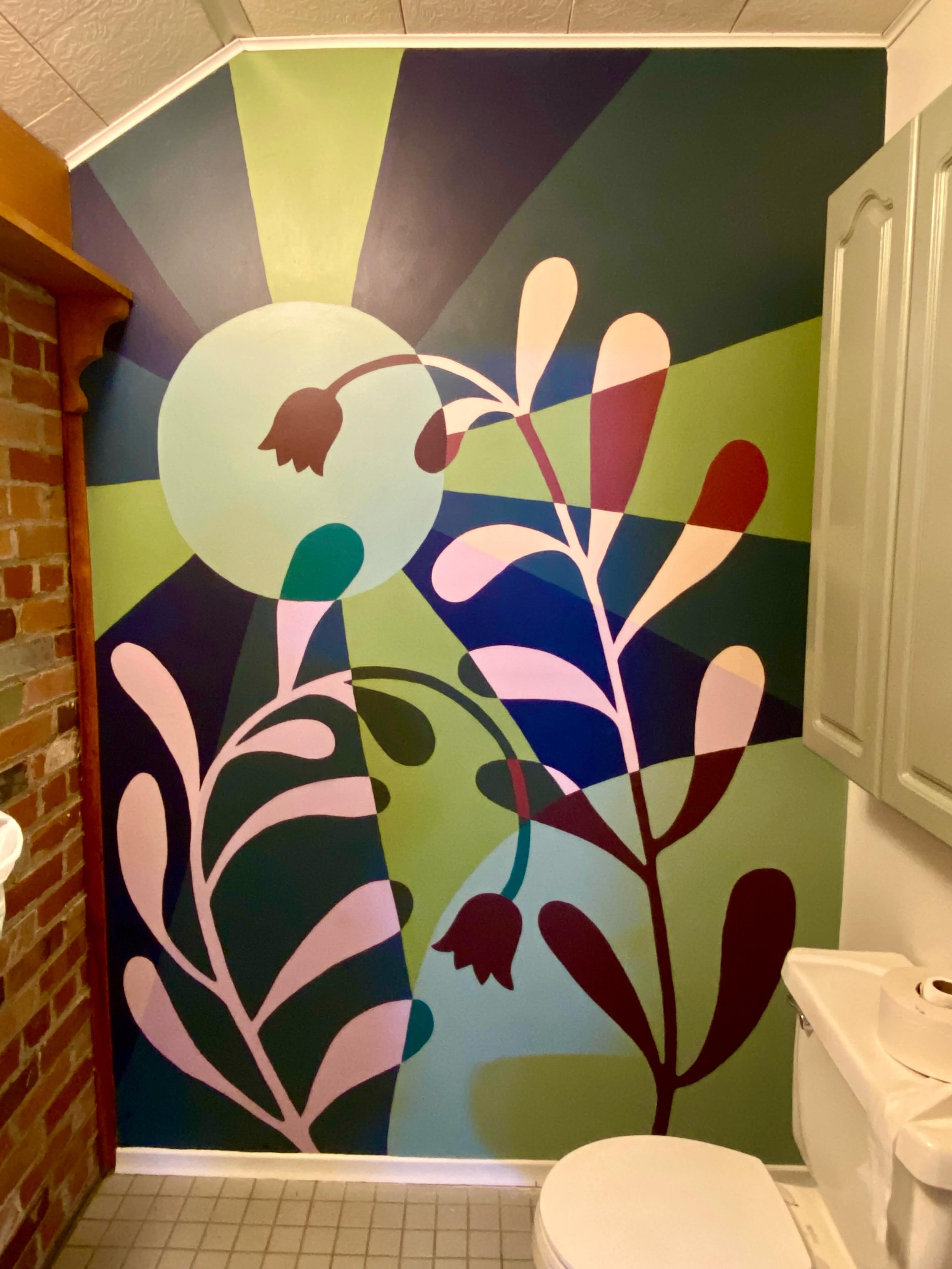 A very dear recent collaboration with @commonground.laura 🌿 it was a pleasure to design and paint 2 murals in Laura&rsquo;s new studio home. I love everything about these murals 🩷🧡💚💙💜

Located at 44 Essex street in Guelph🌸
Take a yoga class an