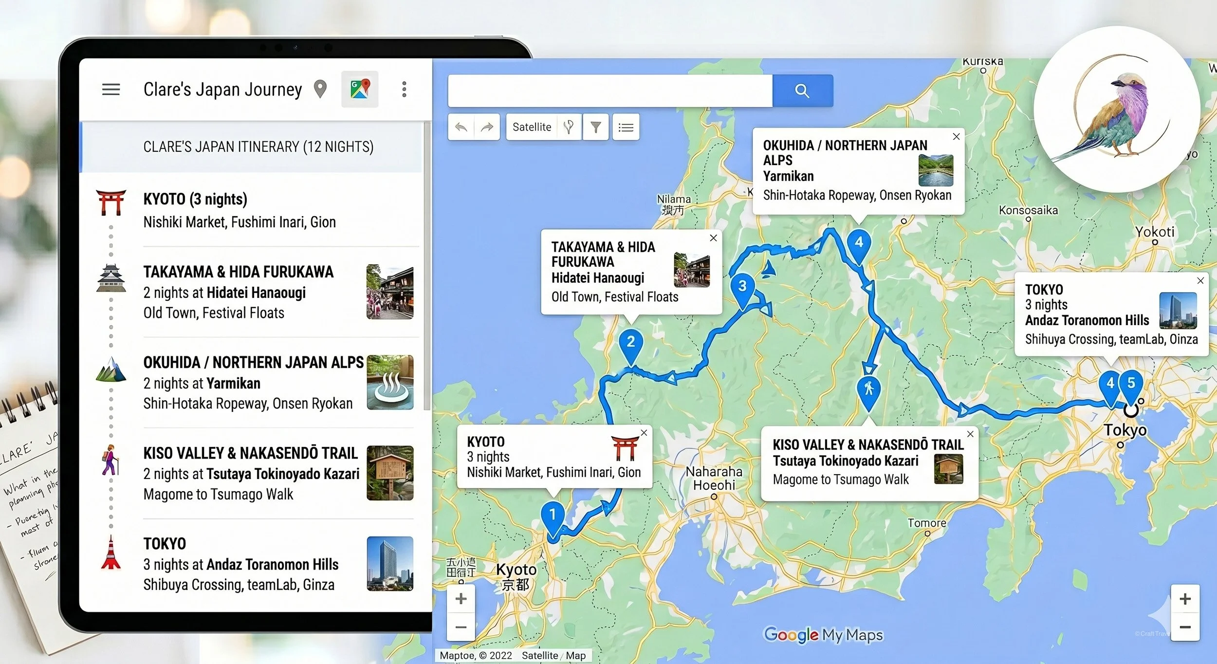 A tablet displaying a custom Google My Maps 12-night travel itinerary through Japan, featuring stops in Kyoto, Takayama, Okuhida, Kiso Valley, and Tokyo.