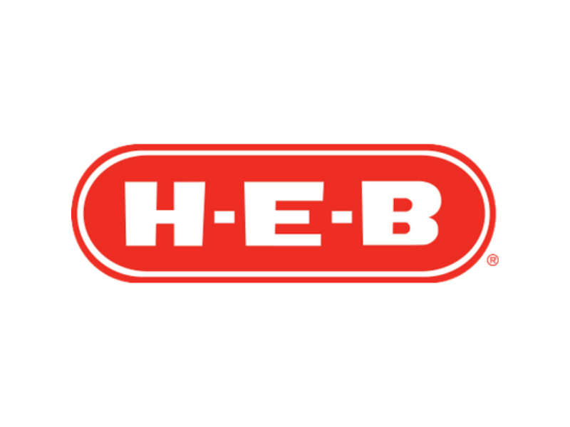 H-E-B logo in red oval with white letters on a white background.