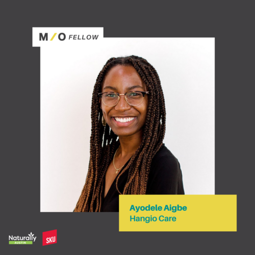 Professional portrait of Ayodele Aigbe Hangio Care, smiling woman with glasses and long braids, in a black top, on a digital card with branding and text.