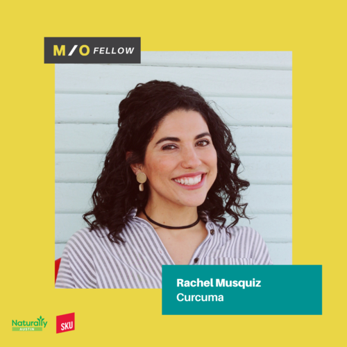A woman with curly dark hair wearing a striped shirt, gold earrings, and a black choker, smiling in front of a white wall with a yellow border surrounding the photo. It features her name, Rachel Musquiz, and her connection to Curcuma, with logos indi