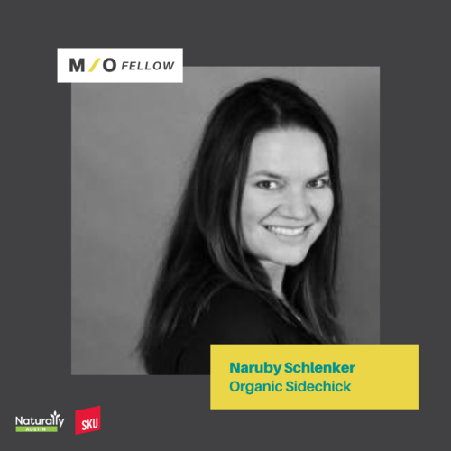 Black and white portrait of Naruby Schlenker, Organic Sidechick, with a smile, in a professional profile image on a gray background, featuring branding and text overlays.