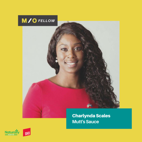 Portrait of Charlynda Scales, founder of Mutt's Sauce, wearing a pink top and pearl earrings, smiling against a light background with a yellow border, featuring logos and text about her and her business.