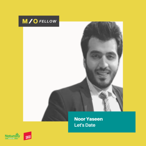 A professional headshot of Noor Yaseen with a yellow background, labeled as an M/O Fellow for Let's Date, with logos for Naturally Austin and SKL at the bottom.