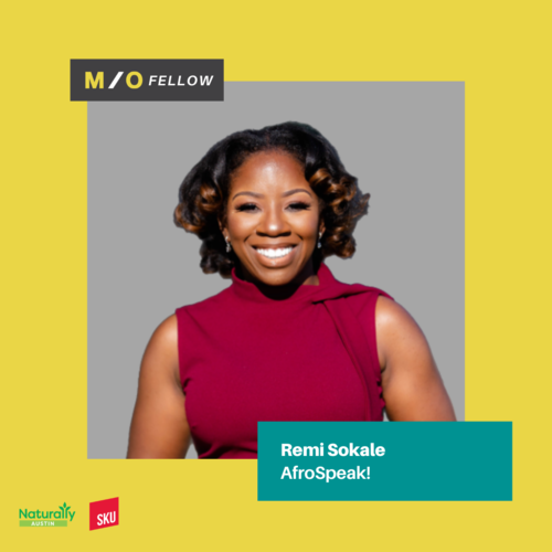 A smiling woman with curly hair, wearing a sleeveless red top, standing against a gray background with a yellow border. The image includes text indicating she is Remi Sokale from AfroSpeak, and logos for Naturalmente Austin and SKU.