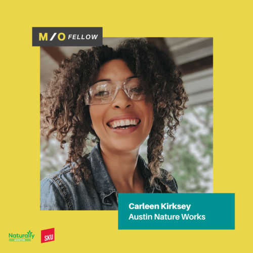 Portrait of Carleen Kirksey smiling, wearing glasses and a denim jacket, in front of a blurred outdoor background, on a yellow background with text and logos.