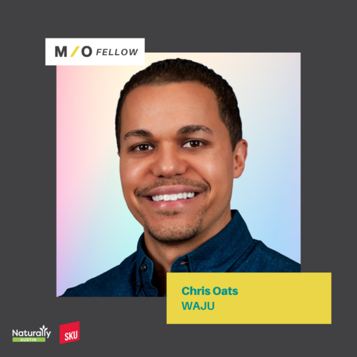 Professional headshot of Chris Oats with a smile, wearing a blue collared shirt, on a colorful gradient background. Includes logos and text for MO Fellow, WAJU, and Naturly Austin.
